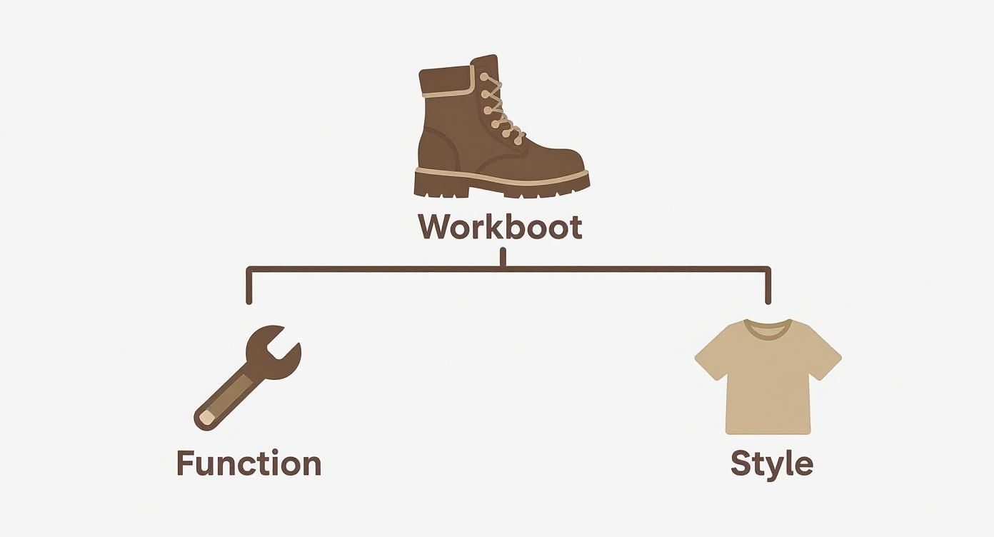 Diagram illustrating a workboot splitting into 'Function' represented by a wrench, and 'Style' represented by a t-shirt.