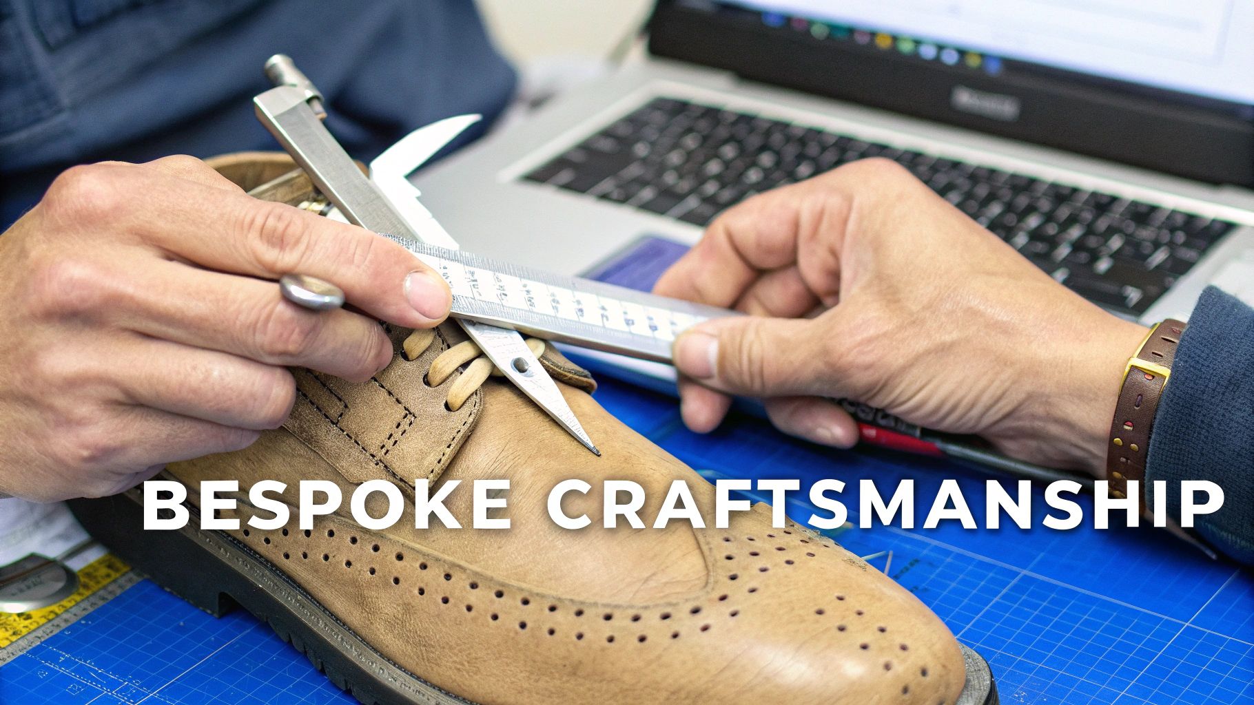Close-up of a shoemaker's hands using a measuring tool on a custom brown leather brogue shoe.