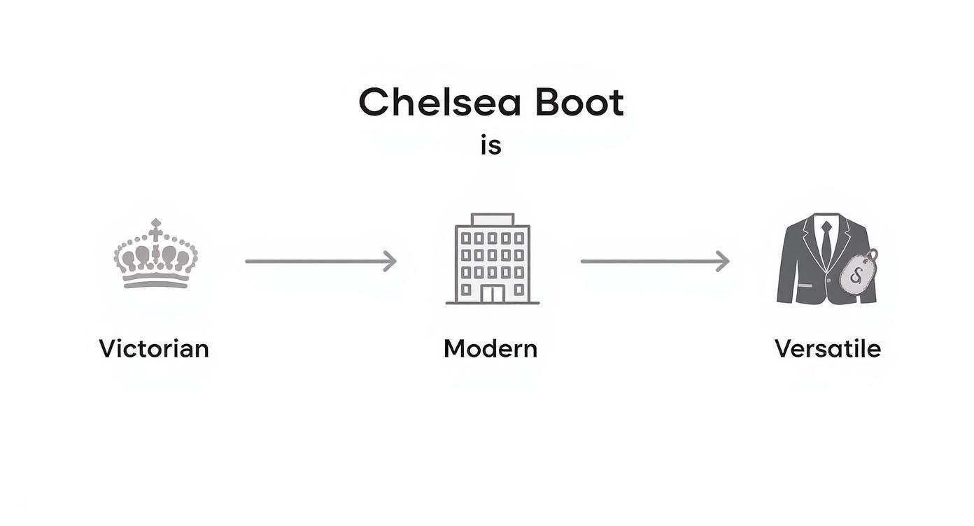 A flowchart explaining Chelsea Boots' evolution from Victorian origins to modern versatility, suitable for various styles.