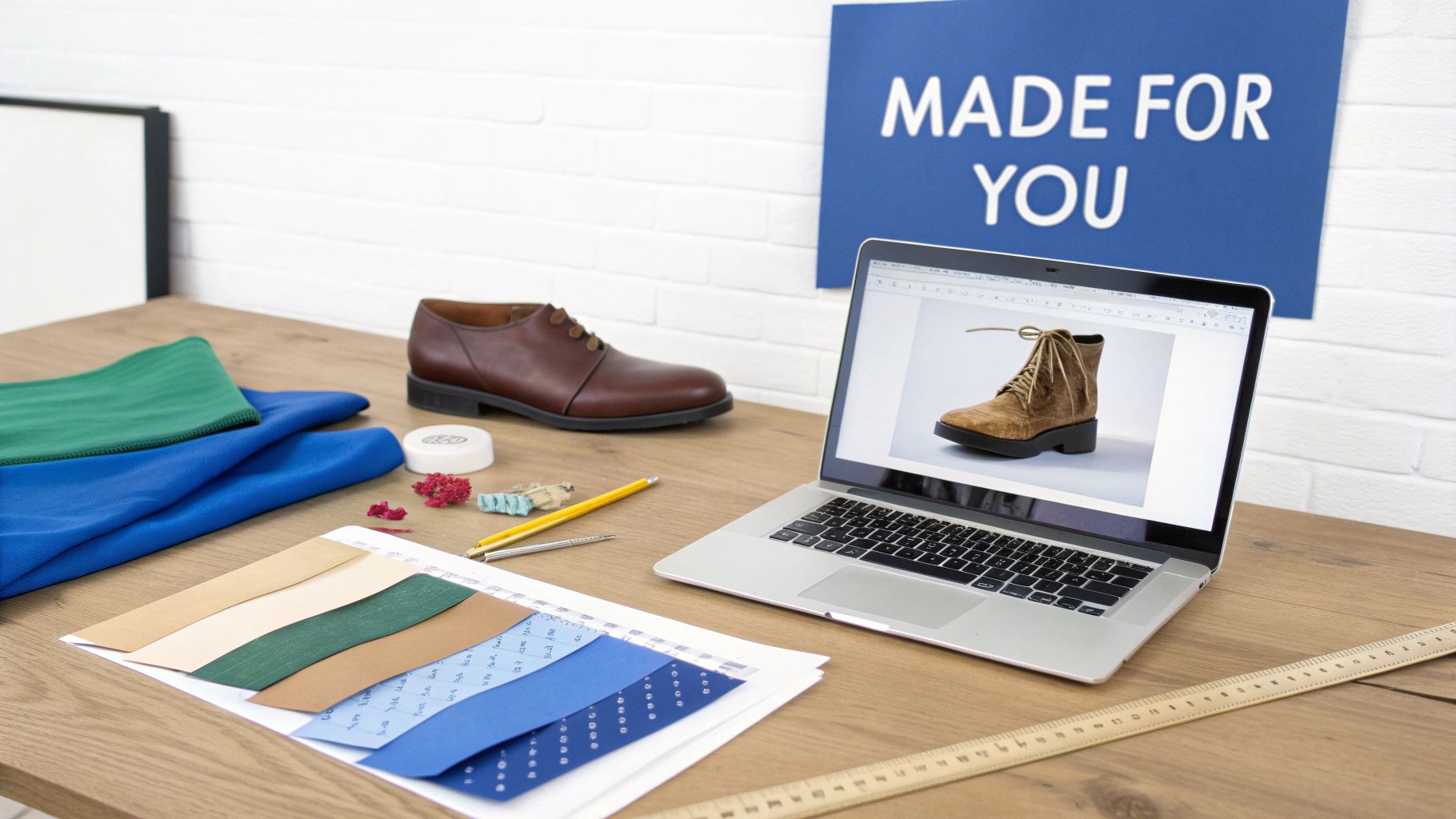 A custom shoe design workspace with a laptop displaying a boot, fabric samples, and a 'MADE FOR YOU' sign.