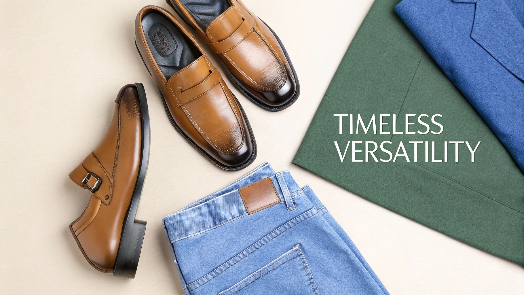 Overhead view of men's brown leather loafer and monk strap shoes, blue jeans, and suit jackets with 'Timeless Versatility' text.