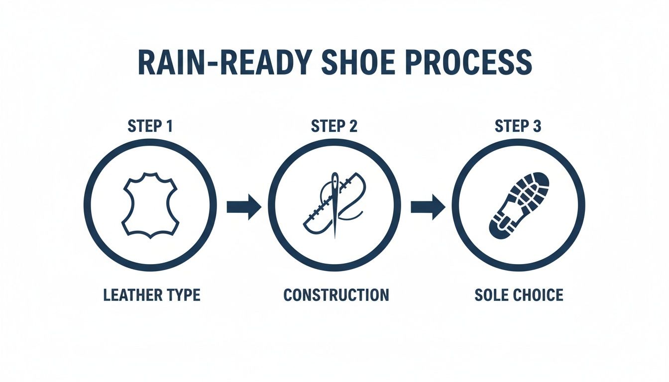 Diagram illustrating the three-step process for rain-ready shoes: leather type, construction, and sole choice.