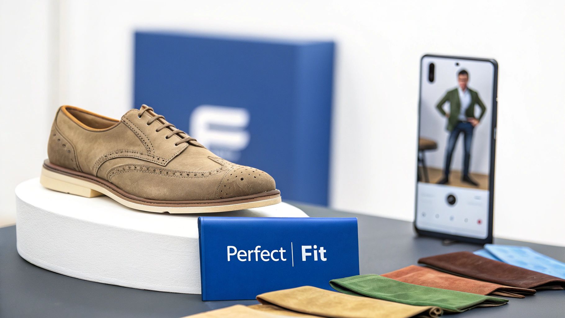 Brown suede brogue shoe on display with a 'Perfect Fit' sign and a smartphone showing a man.