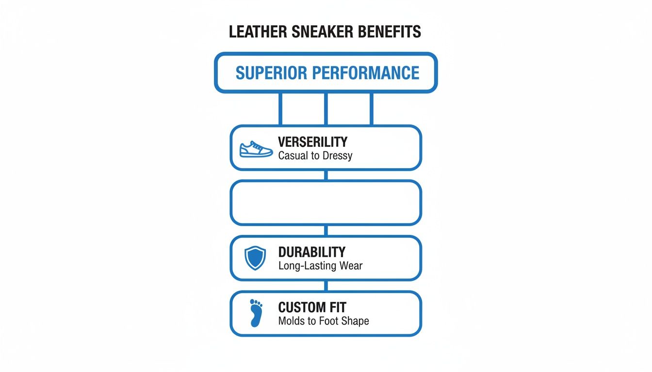 A flowchart detailing the benefits of leather sneakers: superior performance, versatility, durability, and custom fit.