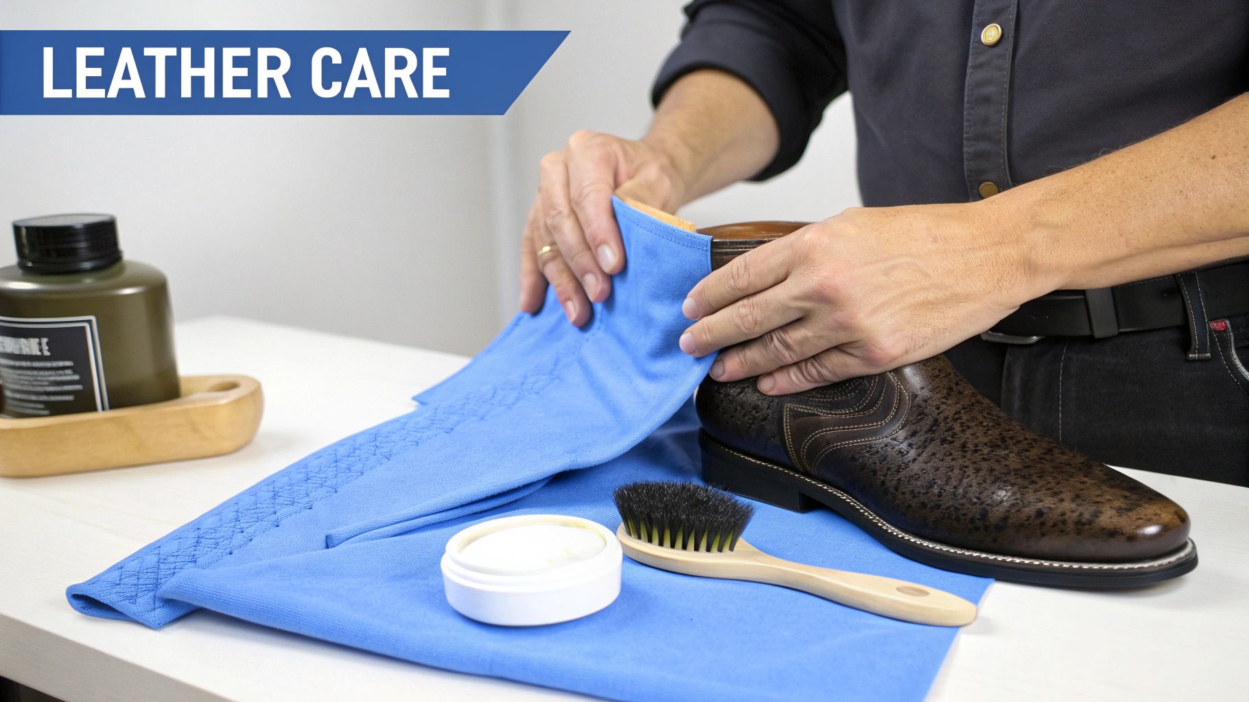 A person uses a blue cloth to clean a brown leather boot, with polish and brush on a white table.