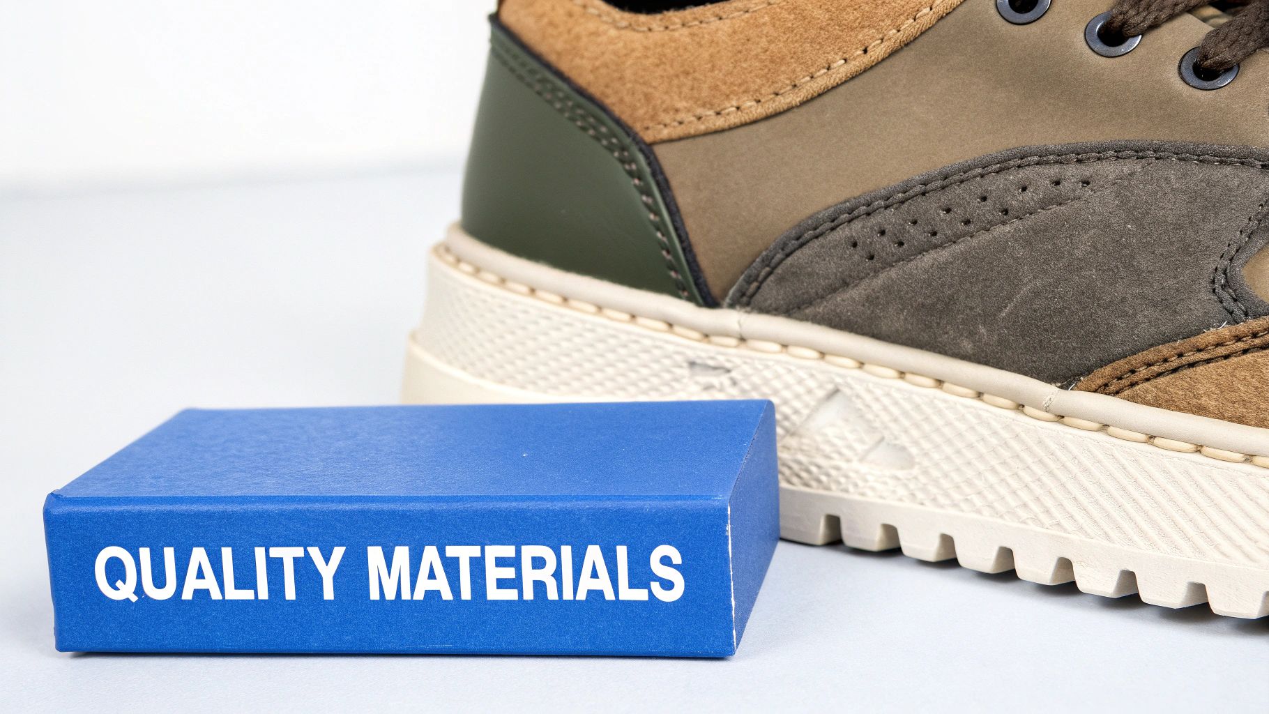 A blue box labeled "QUALITY MATERIALS" sits in front of a stylish, multi-textured boot.