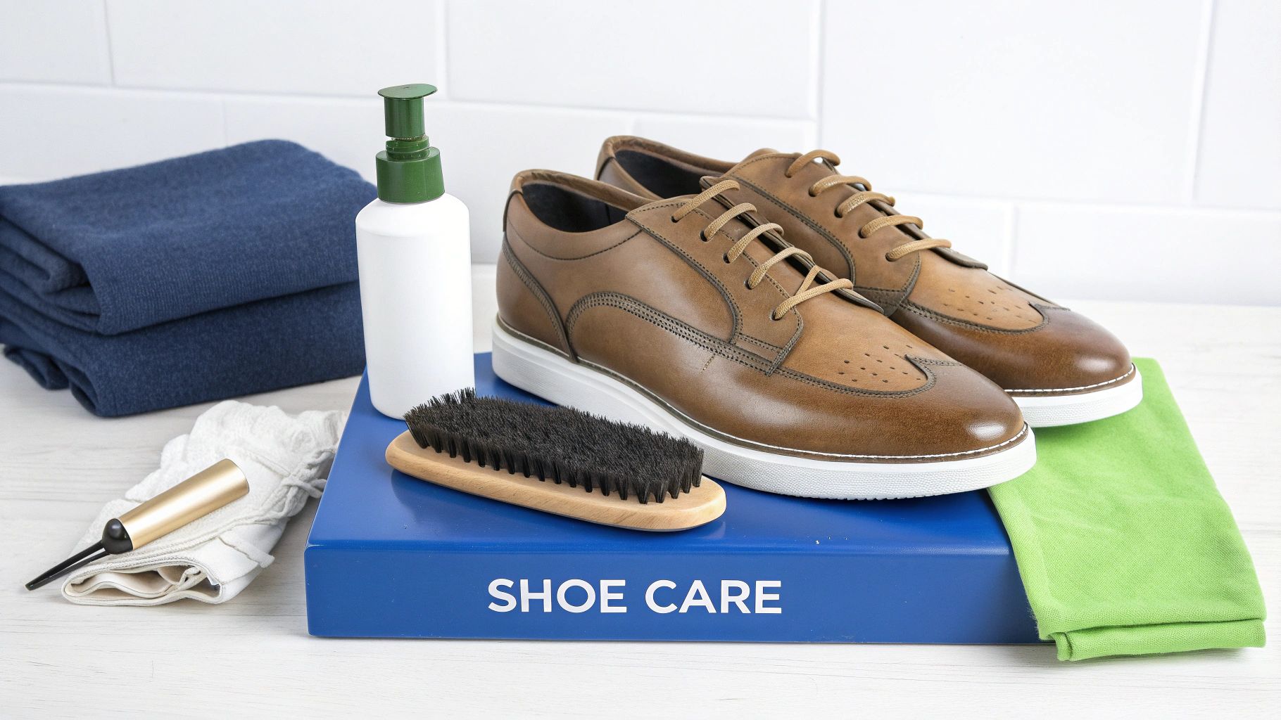 A shoe care kit with brown leather dress shoes, a brush, cleaning solution, and cloths.