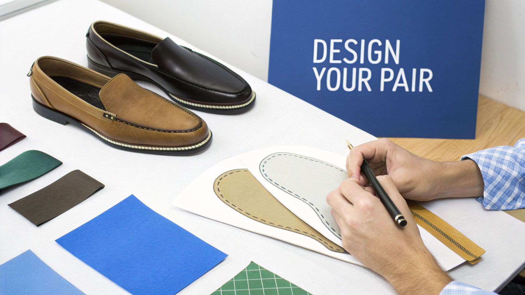 A person sketching shoe designs on paper, surrounded by two loafers, material swatches, and a 'DESIGN YOUR PAIR' sign.