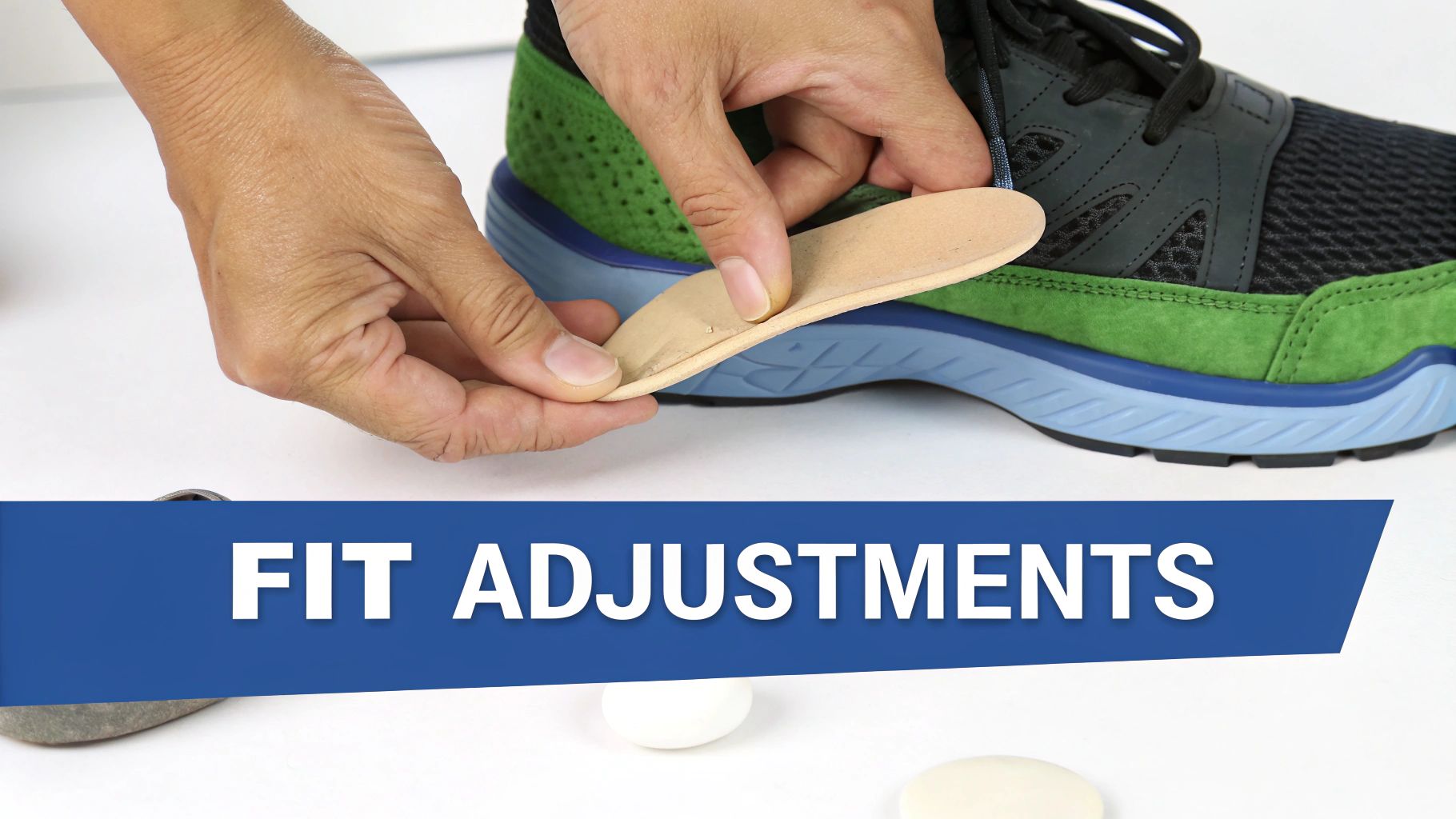 Hands placing a beige insole into a black, green, and blue athletic shoe for a better fit.
