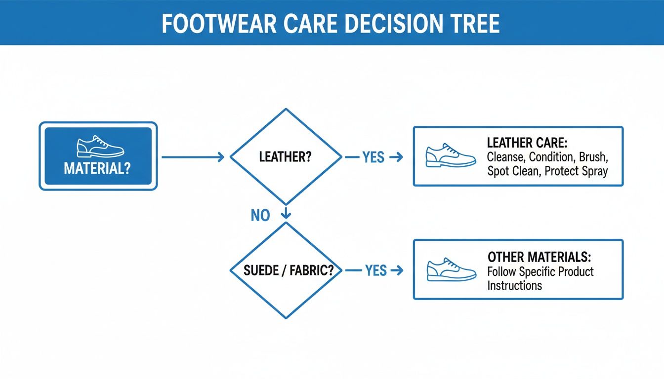 Decision tree flowchart guiding footwear care based on material type: leather, suede, or fabric.