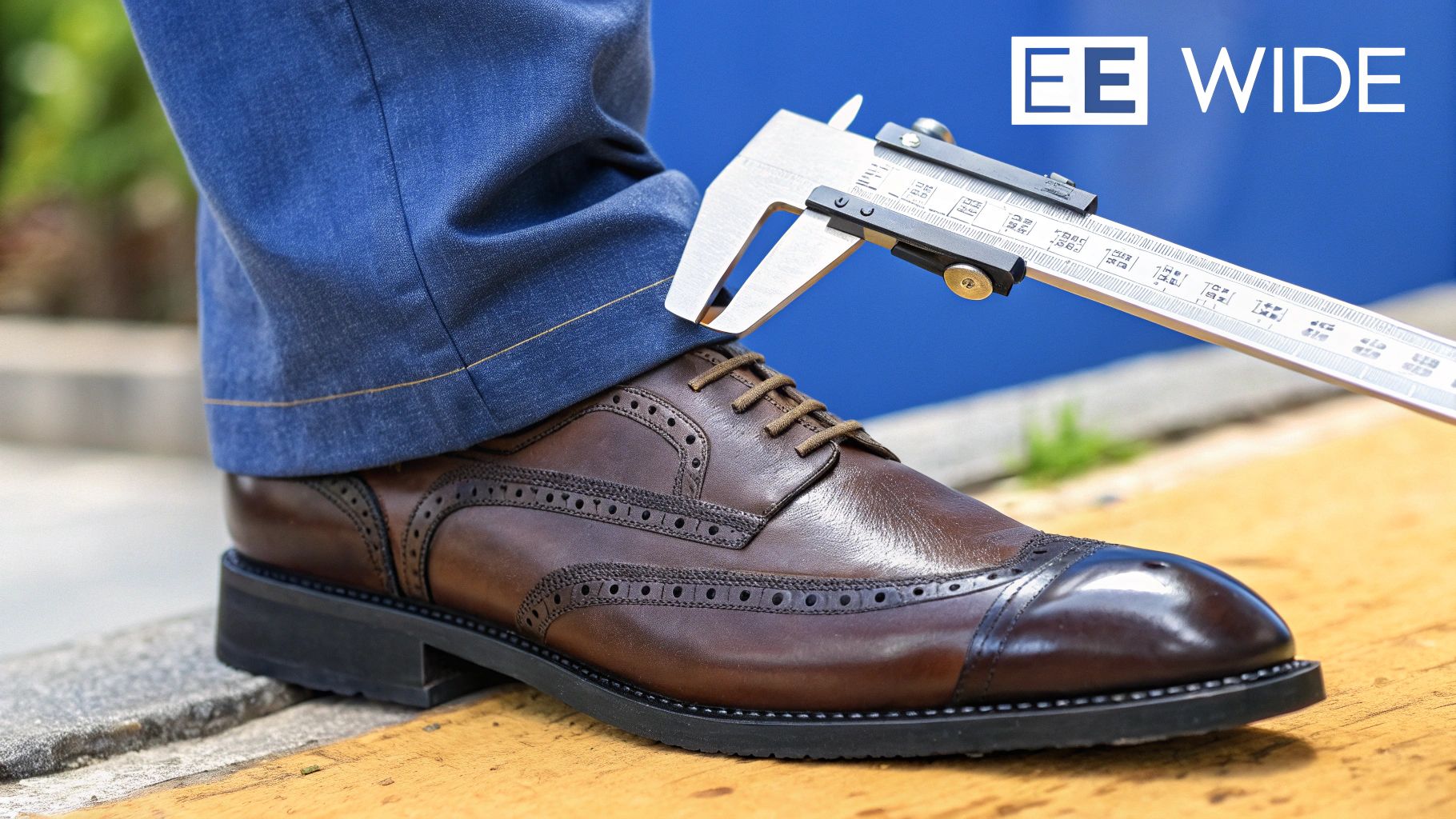 A brown leather dress shoe on a foot, with a metal caliper measuring its width. 'EE WIDE' text is visible.