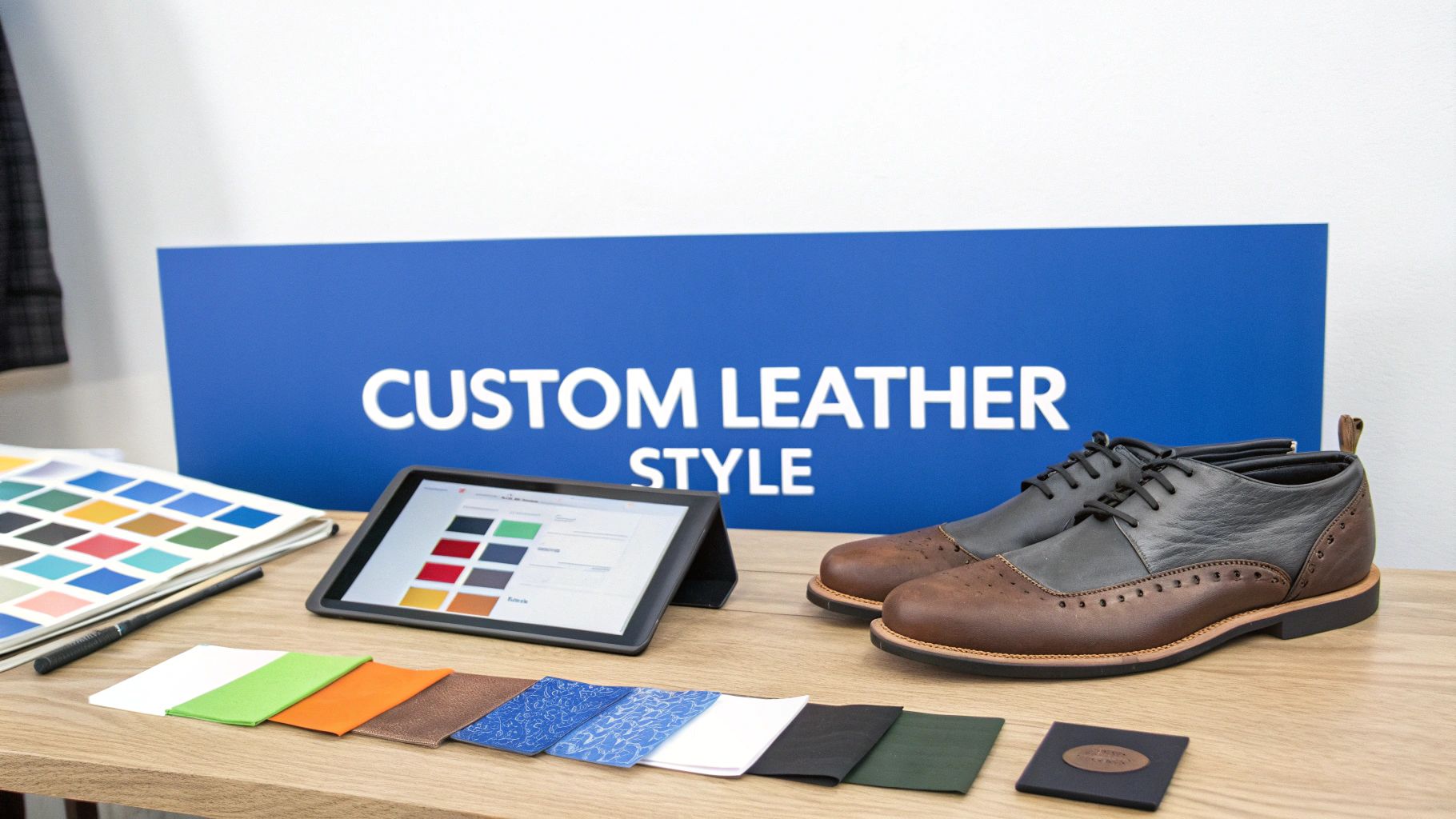 A custom leather shoe design station with color swatches, a tablet, and a stylish two-tone shoe.