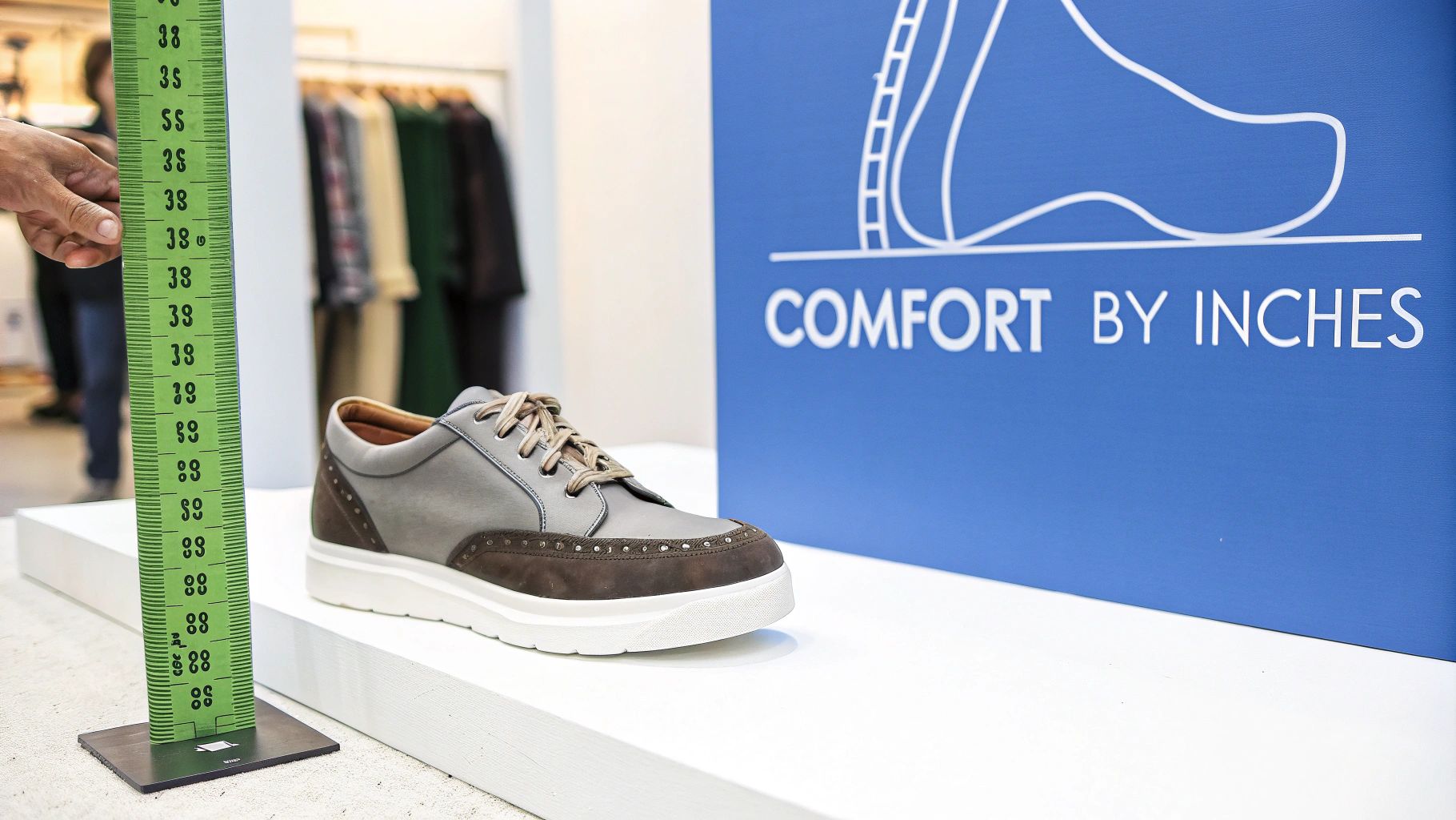 A grey and brown casual shoe displayed on a stand next to a large green measuring tape and 'Comfort by Inches' sign.