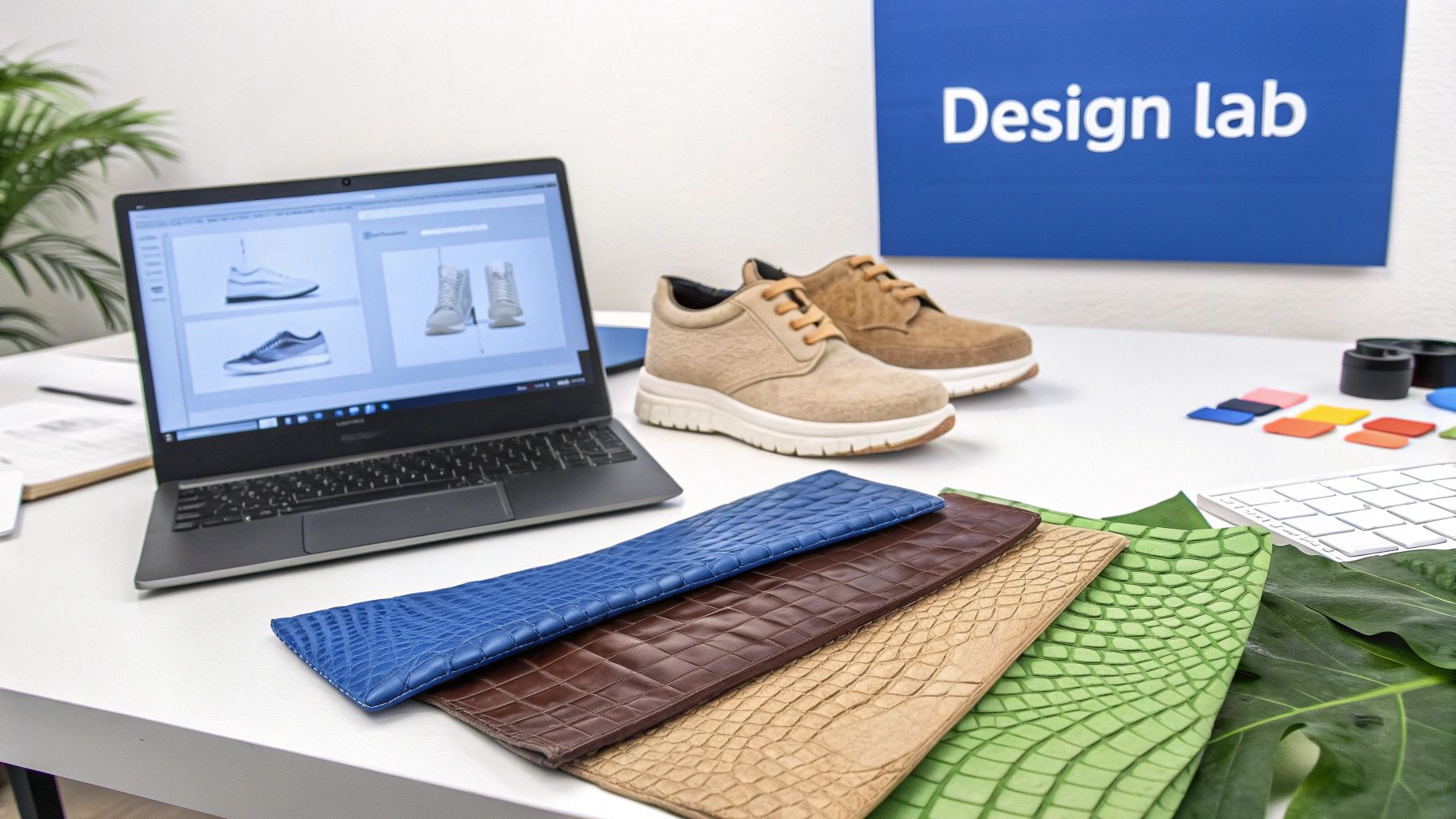 A design lab workspace with a laptop showing shoe designs, shoes, and exotic leather samples.