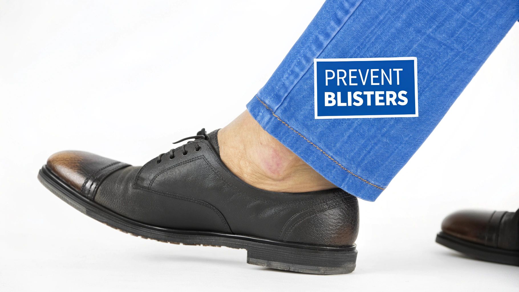 A person's foot in a black dress shoe and blue jeans, with a 'PREVENT BLISTERS' message.
