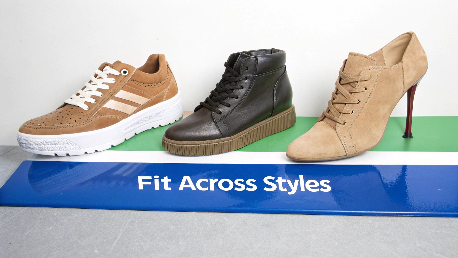 Three different shoe styles: a brown sneaker, a dark boot, and a tan high heel, arranged on a display.