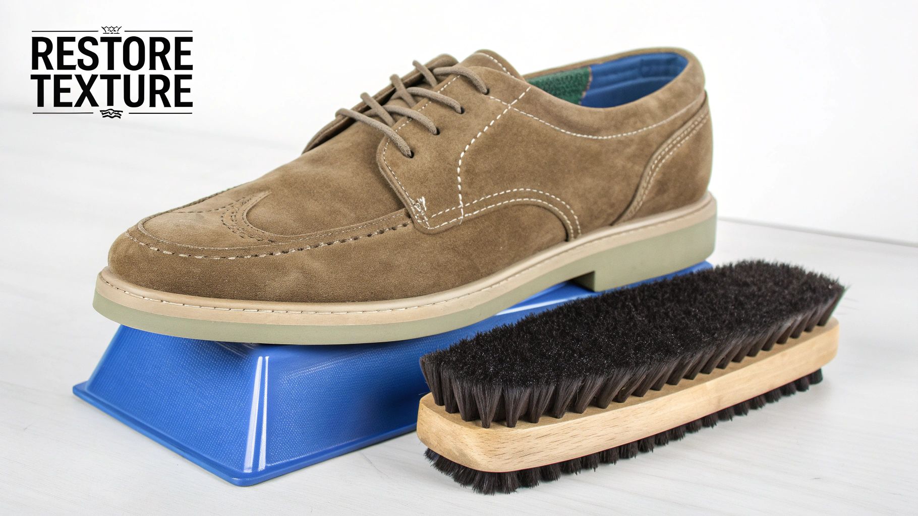 Brown suede shoes displayed with cleaning brush and blue cleaning block for stain removal