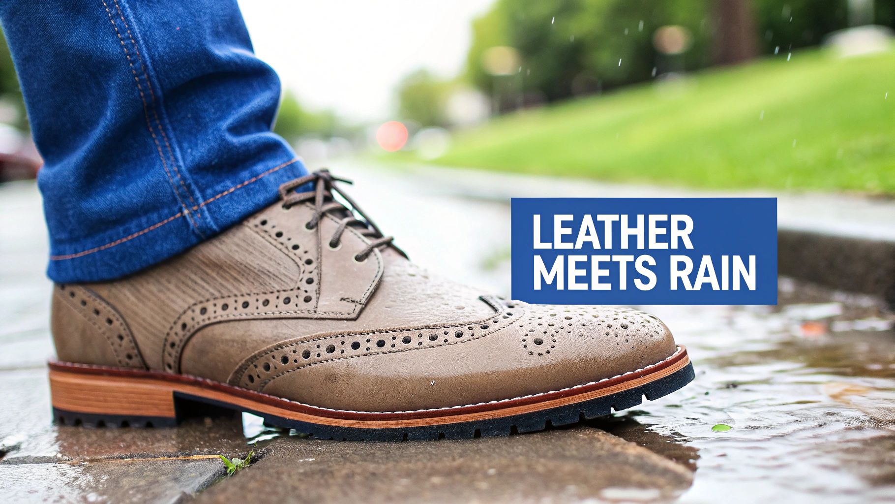 Close-up of a person wearing blue jeans and brown leather wingtip shoes standing in the rain.