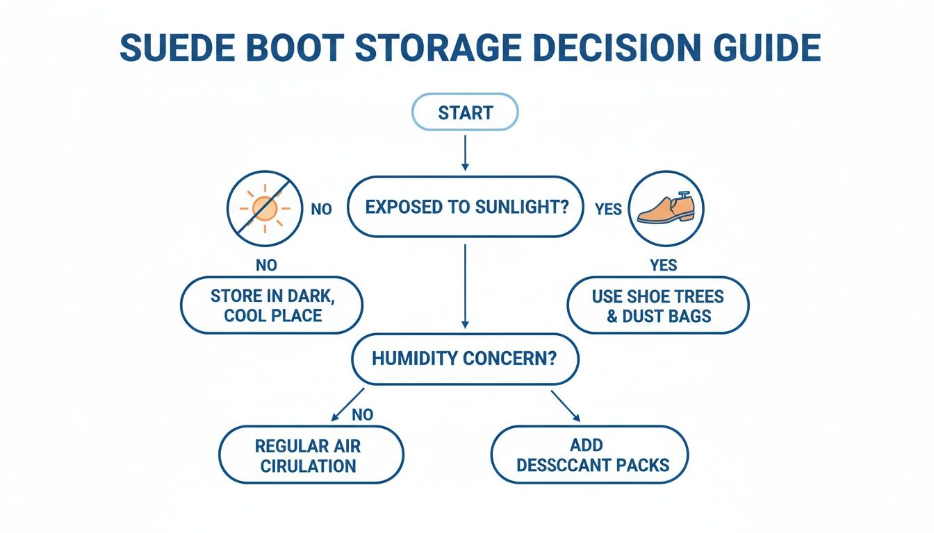 A flowchart decision guide for suede boot storage, considering sunlight and humidity.