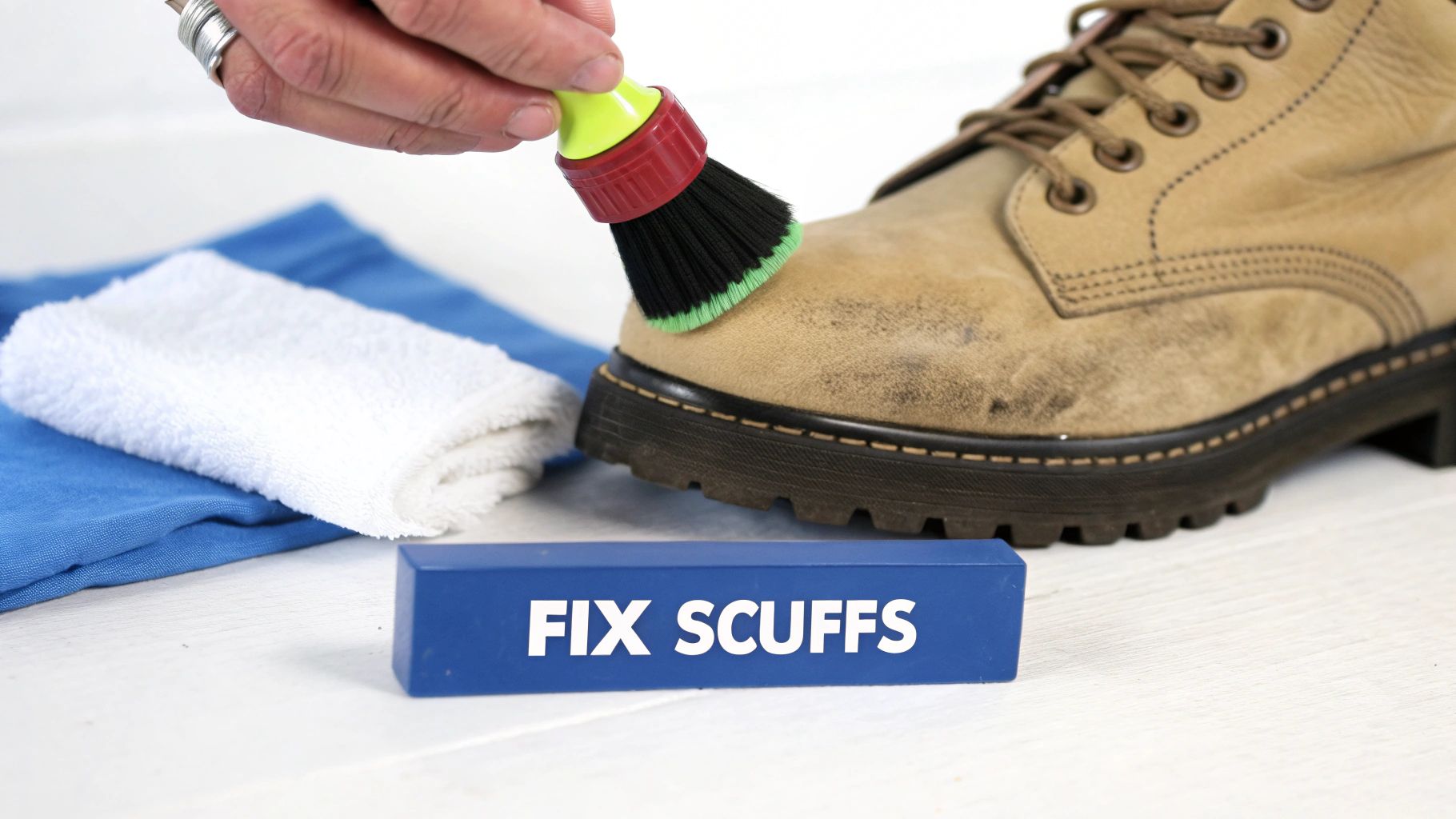 A hand brushes a dirty tan leather boot with a cleaning brush, next to cloths and 'FIX SCUFFS' block.