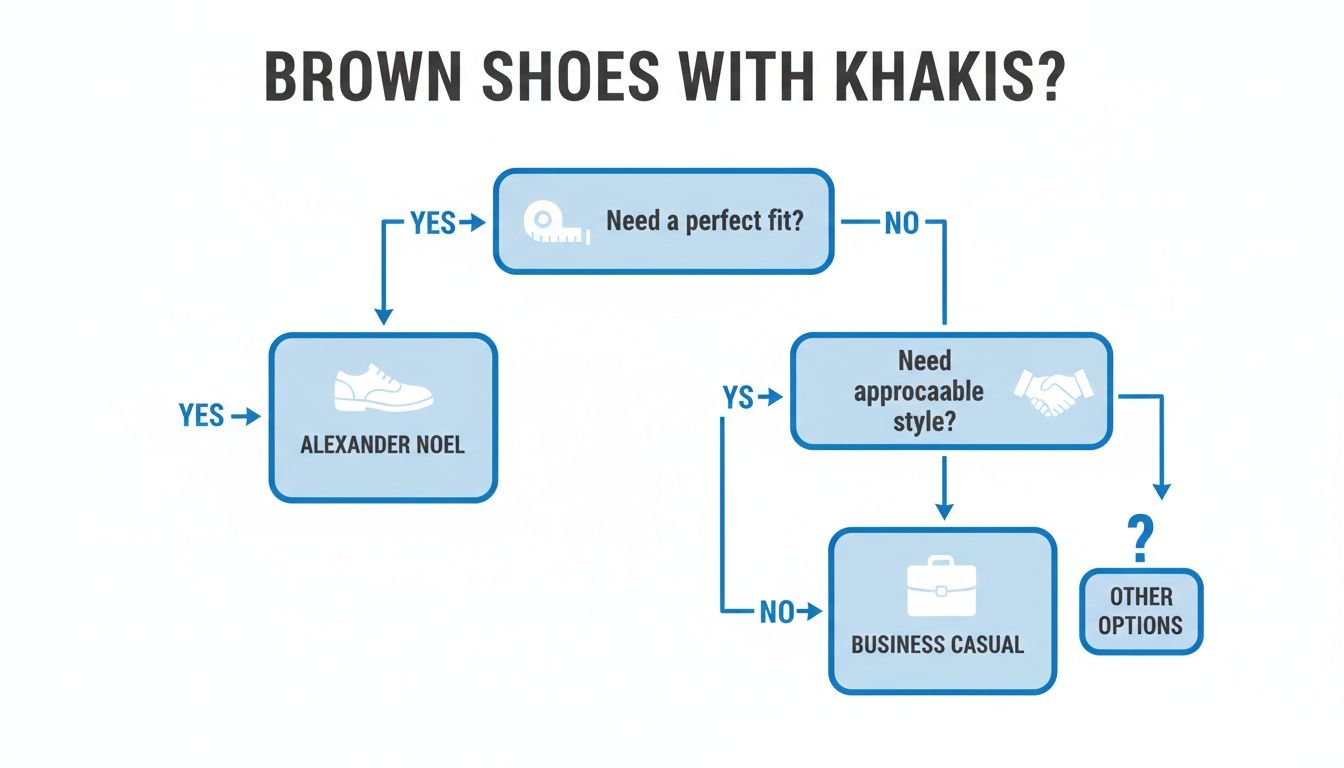 A flowchart titled 'Brown Shoes with Khakis?' offering style advice based on fit and style needs.