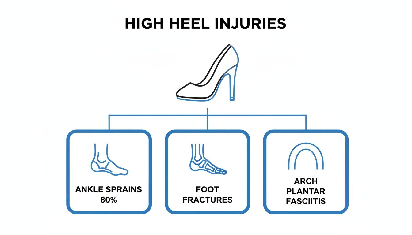 Diagram illustrating common high heel injuries: ankle sprains (80%), foot fractures, and arch plantar fasciitis.