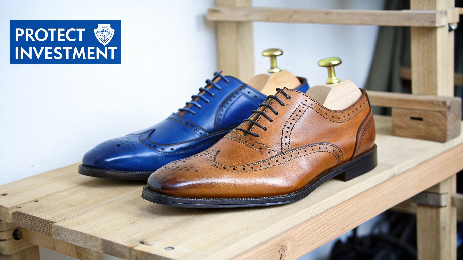 Two elegant leather brogue shoes, blue and brown, with shoe trees, displayed on a wooden shelf.