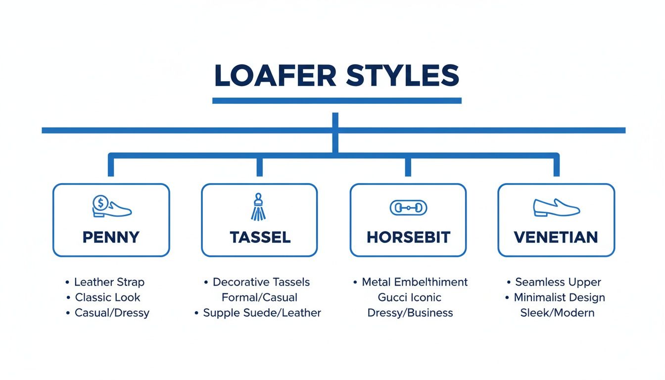 Infographic showing four loafer styles: Penny, Tassel, Horsebit, and Venetian, with descriptions.