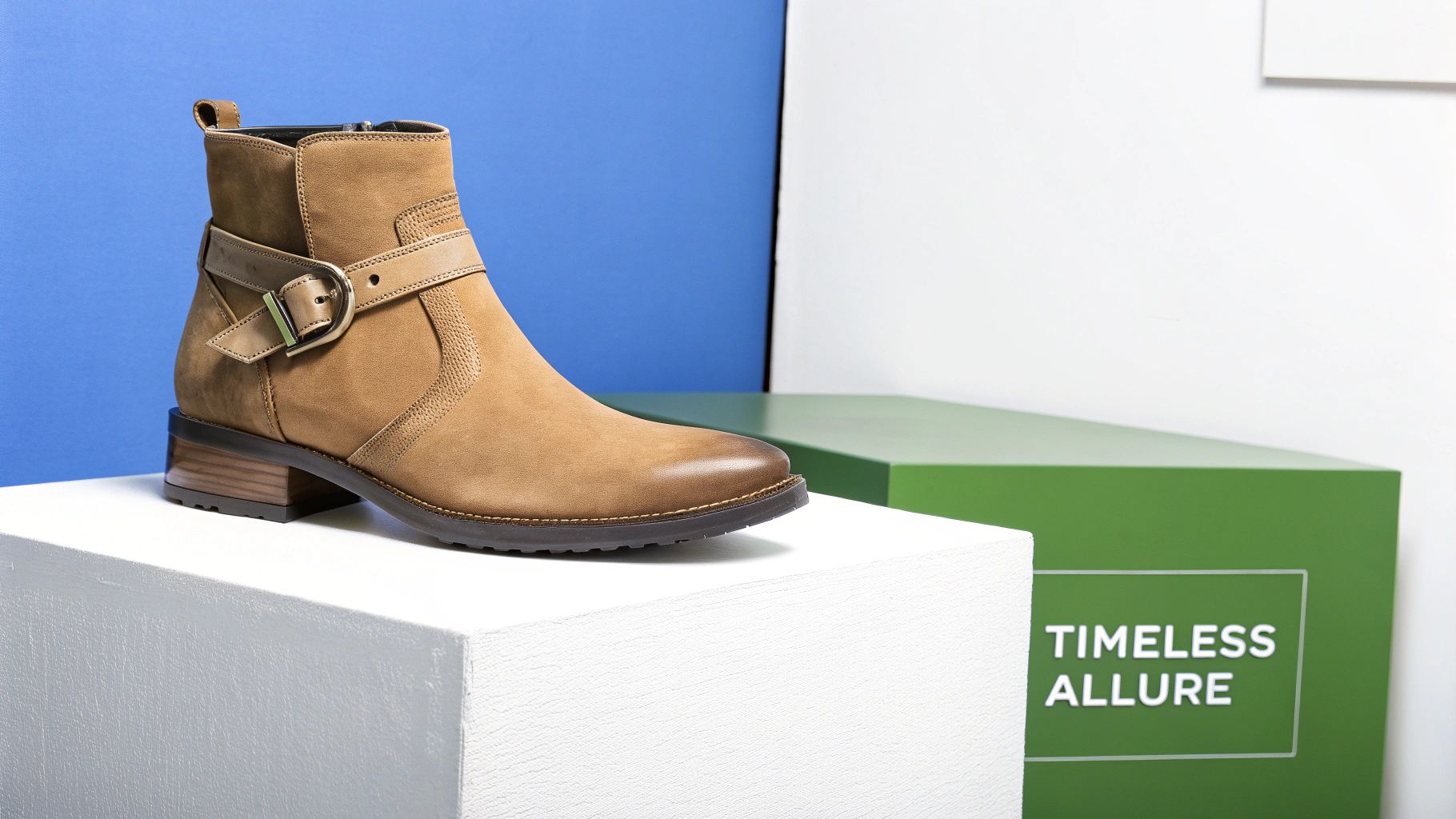 A stylish tan leather jodhpur boot with a buckle strap on a white display, against a modern backdrop.