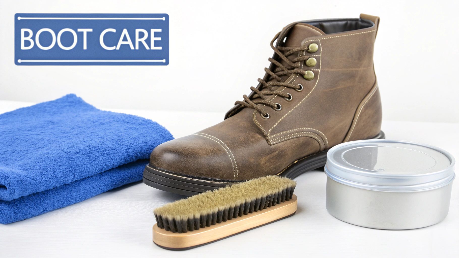A brown leather boot with a brush, blue towel, and tin of polish for boot care.