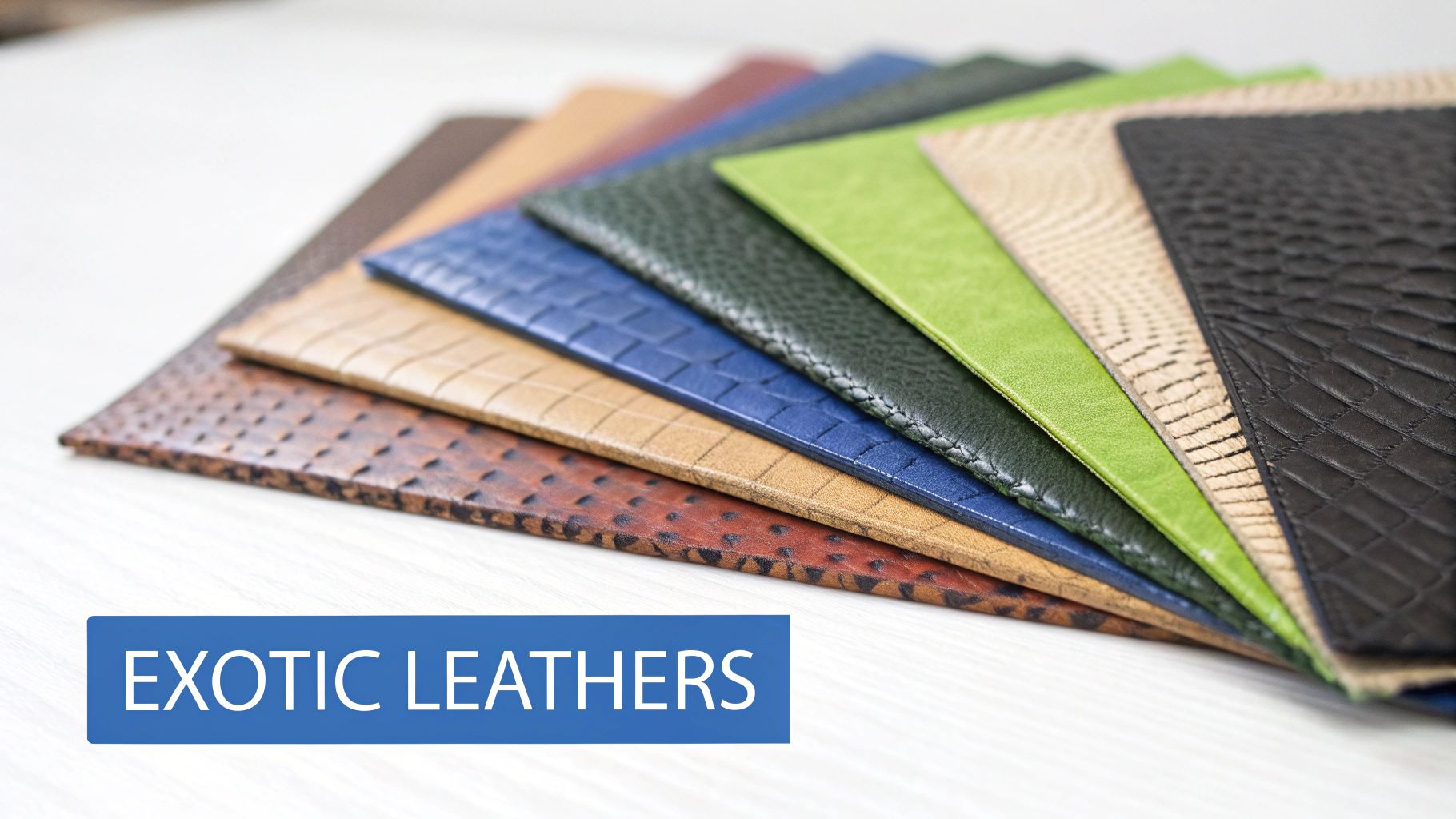 A fan of diverse exotic leather samples in various colors and textures, including alligator and ostrich.