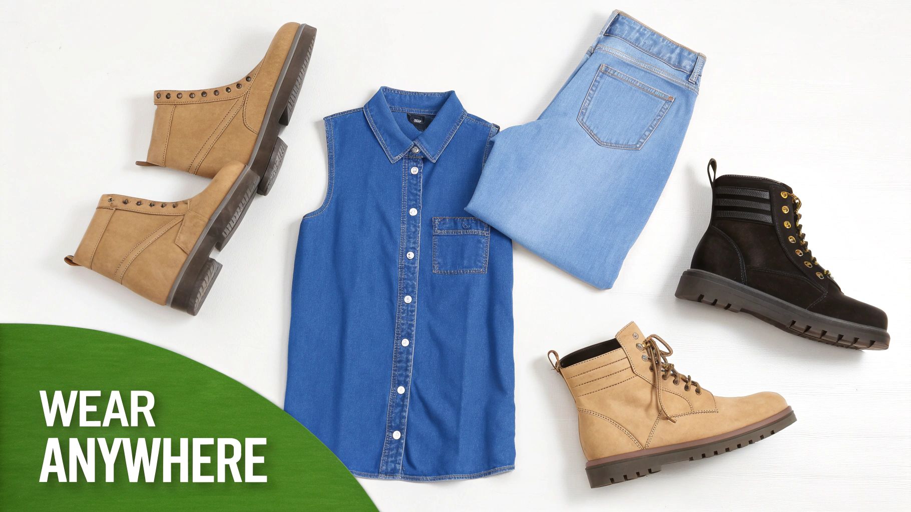 Stylish flat lay of blue denim clothing, tan ankle boots, and black work boots on a white surface.