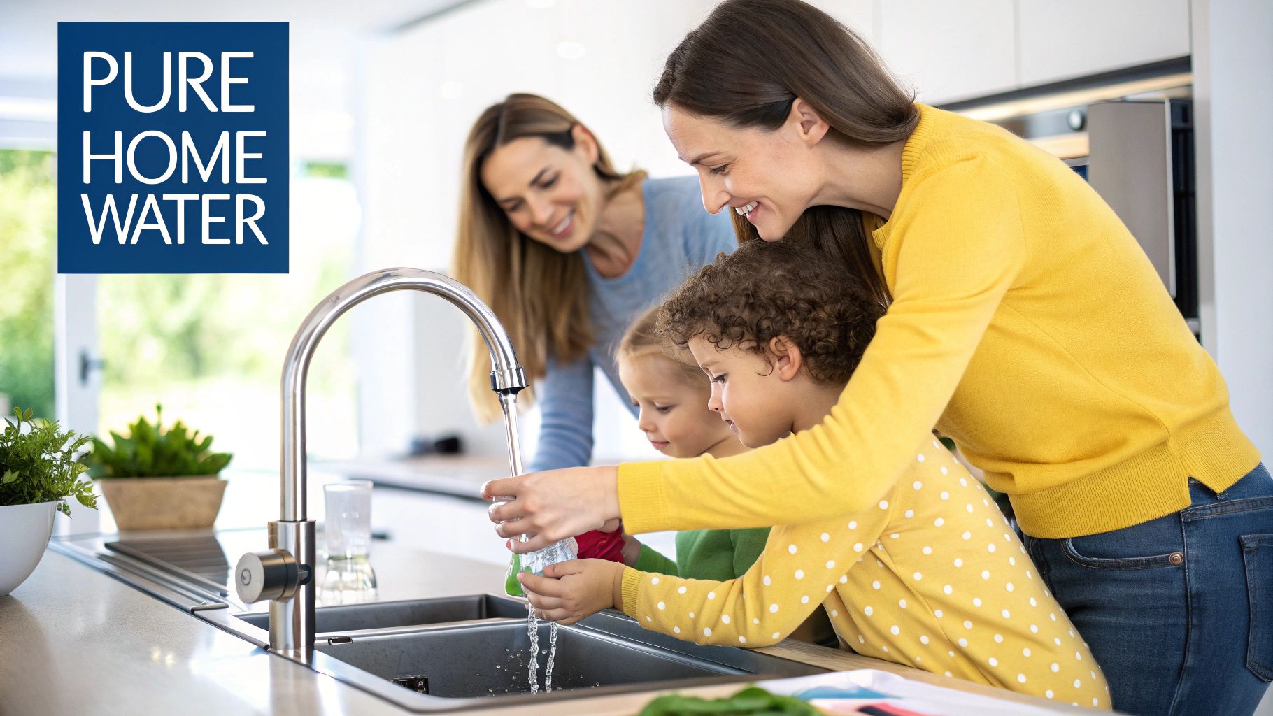 A family enjoying a glass of clean water from their kitchen tap, showcasing the benefits of a home filtration system.