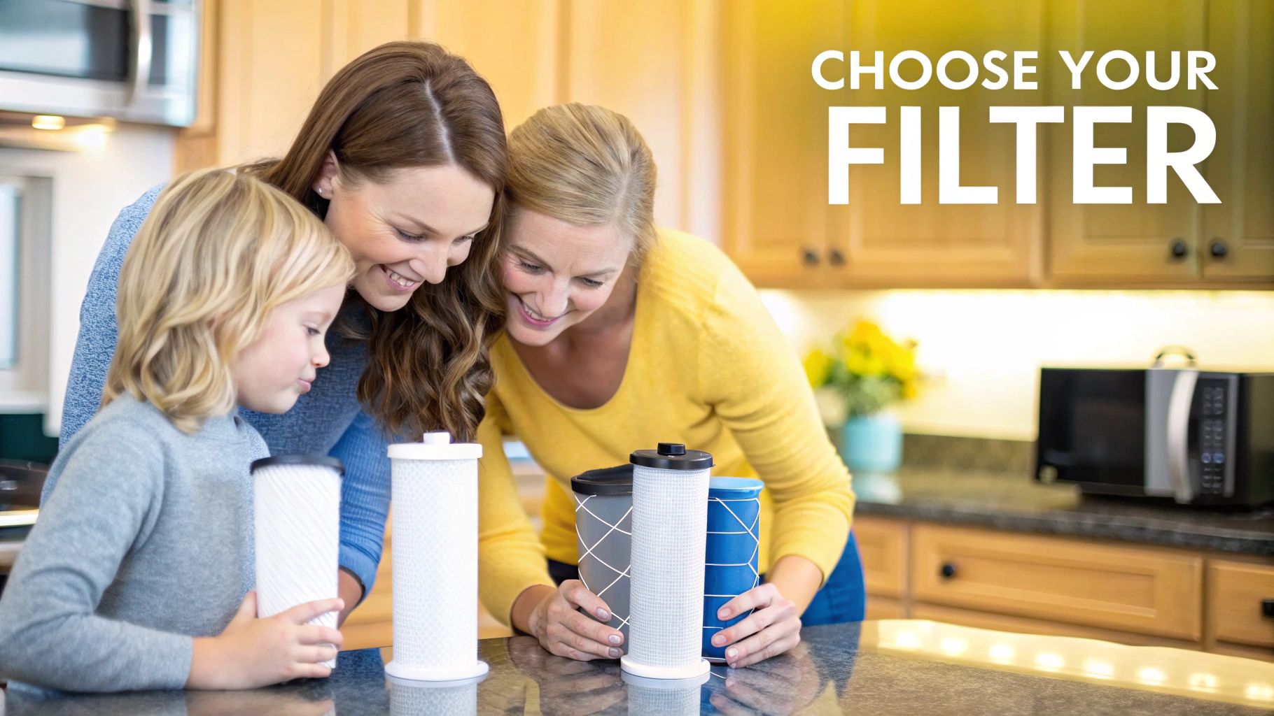 A family smiling and drinking glasses of clean water in their modern kitchen.