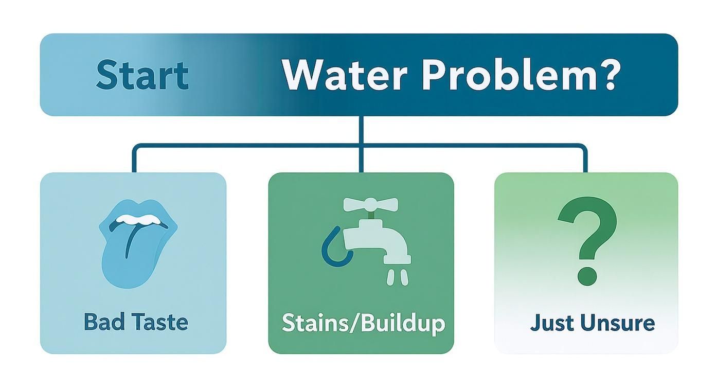 Infographic decision tree helping homeowners choose a water filtration system based on their water problems like bad taste, stains, or uncertainty.