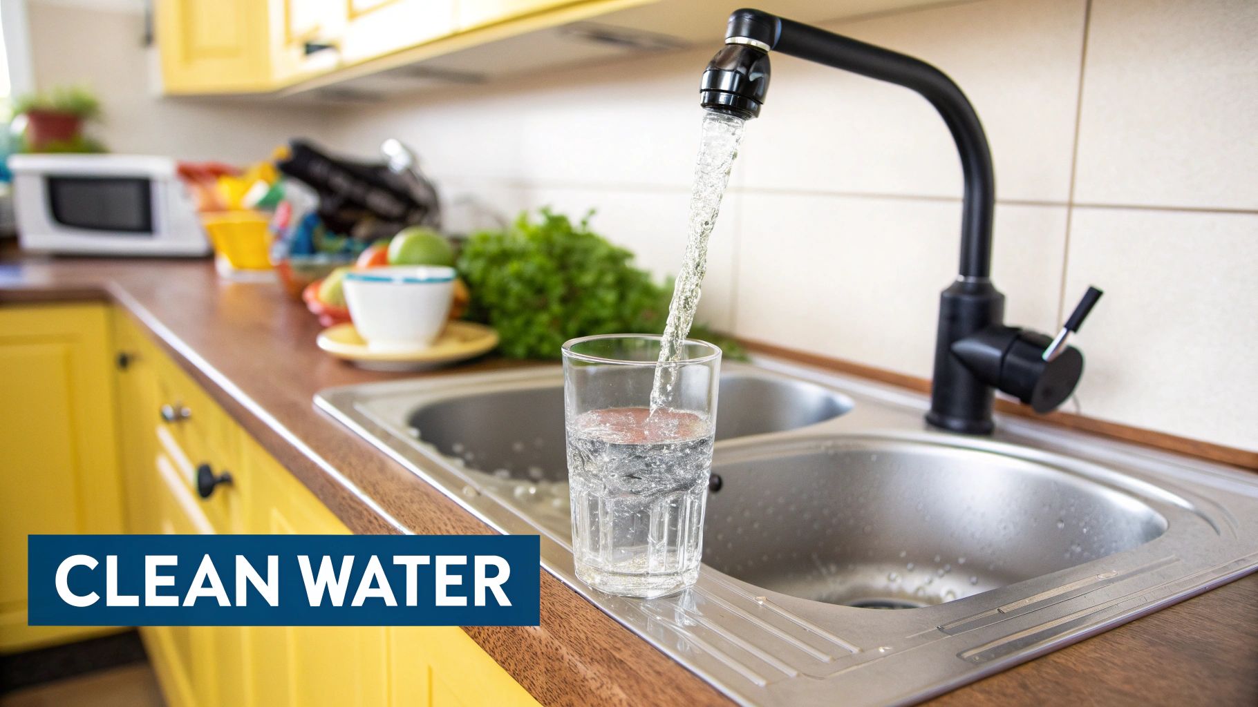 A family happily drinking glasses of pure water in their kitchen.