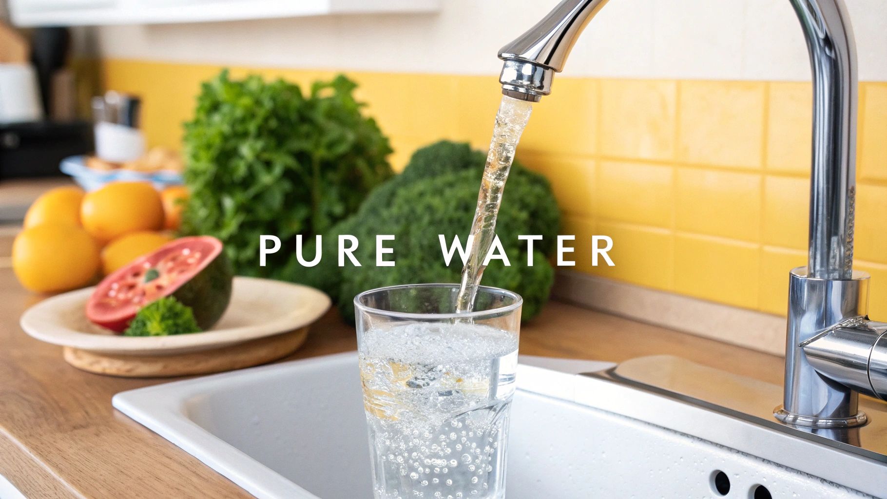 A modern kitchen with a water filter tap, signifying clean water at home.