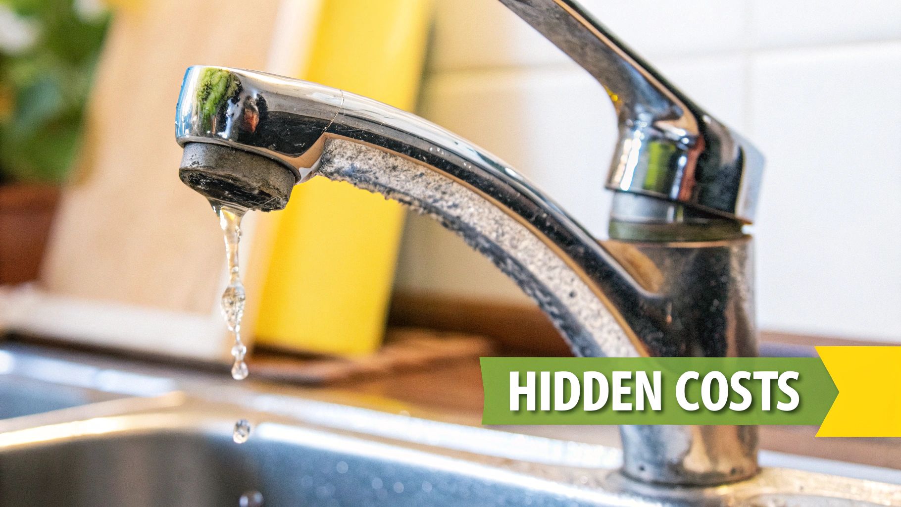 White limescale buildup on a modern black kitchen faucet, illustrating the effects of hard water.