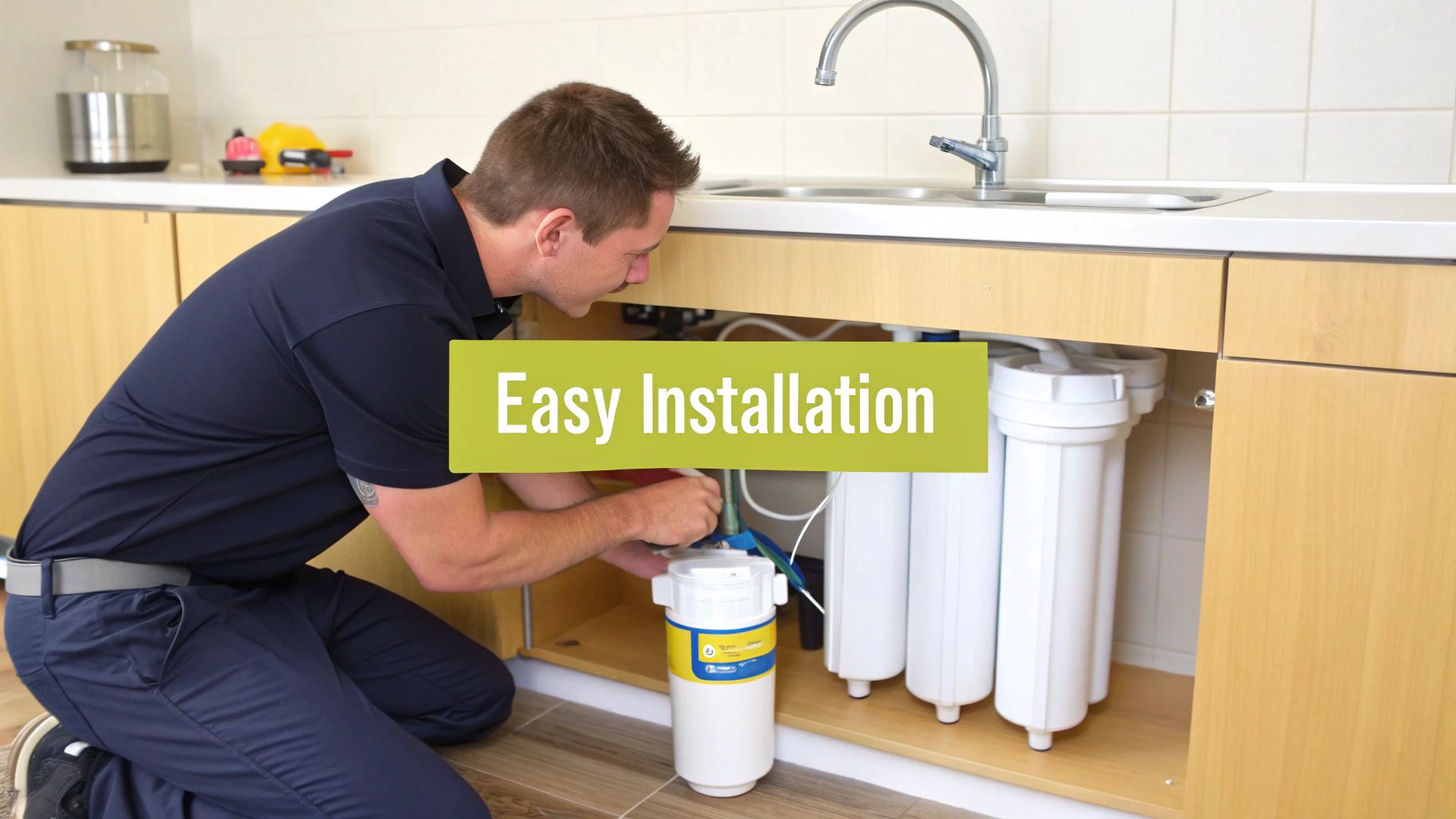 A technician servicing a reverse osmosis water filter system under a kitchen sink.