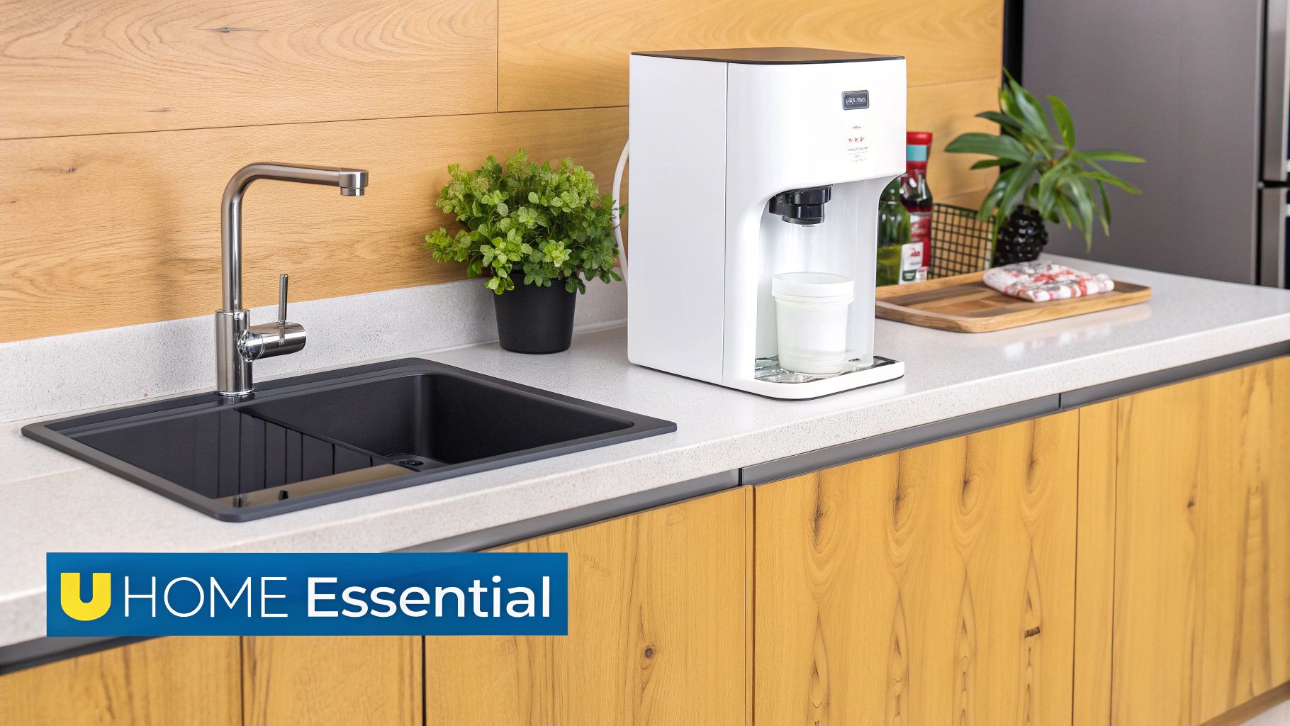 A modern kitchen in the UAE featuring a sleek water purifier installed near the sink, with a glass of clean water in the foreground.