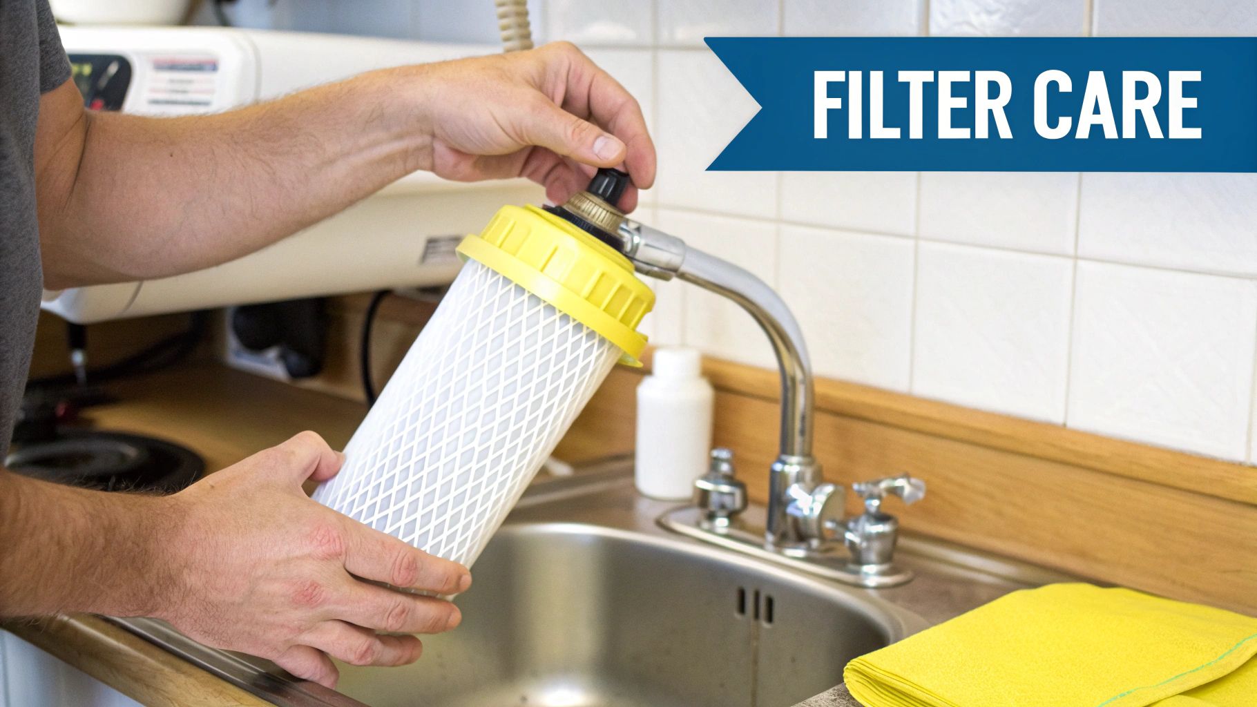 A service technician neatly installing an under sink water filter in a clean kitchen cabinet.