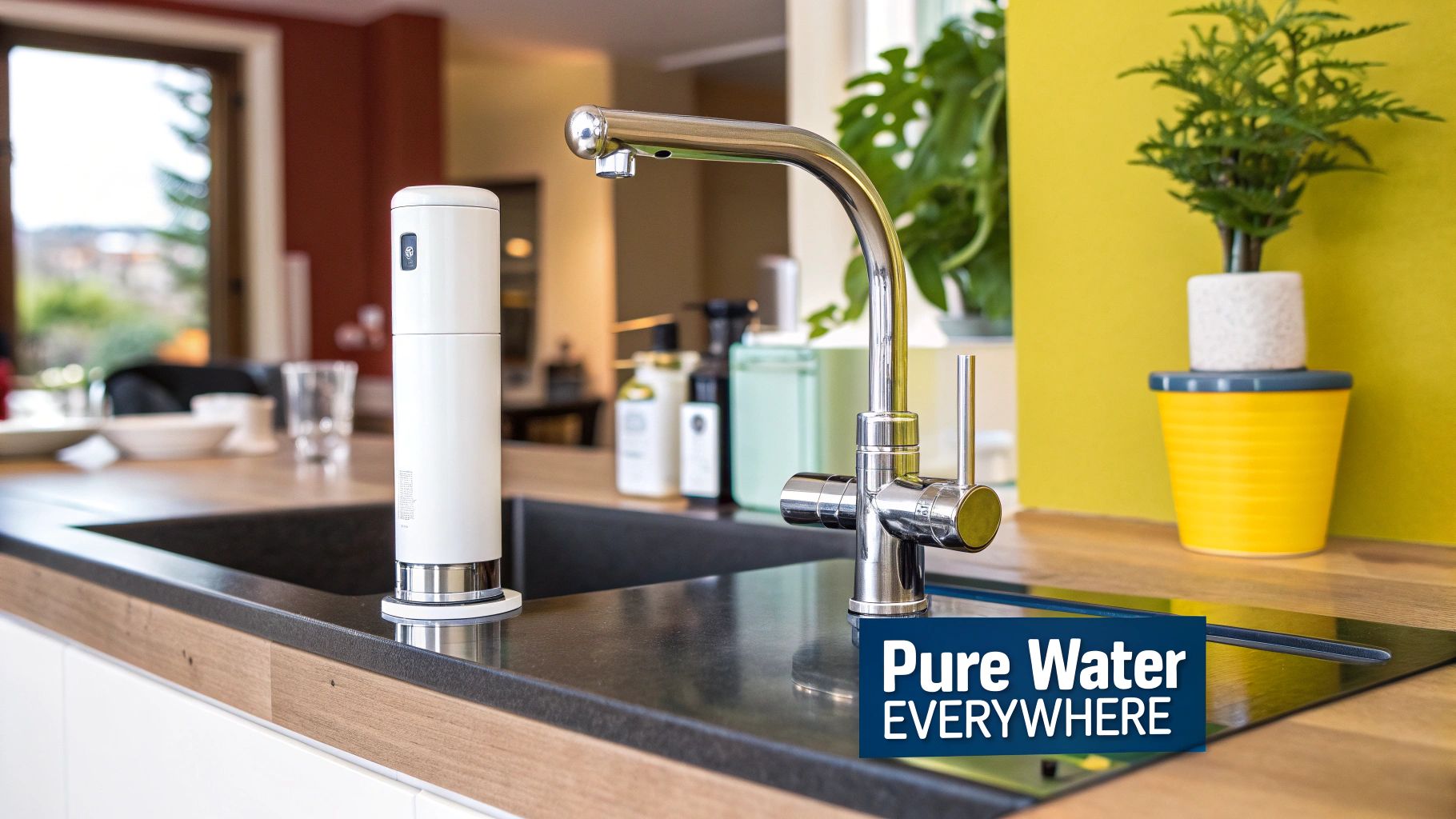 A modern kitchen faucet with a glass of clean water, symbolizing the benefits of a whole house water filter.