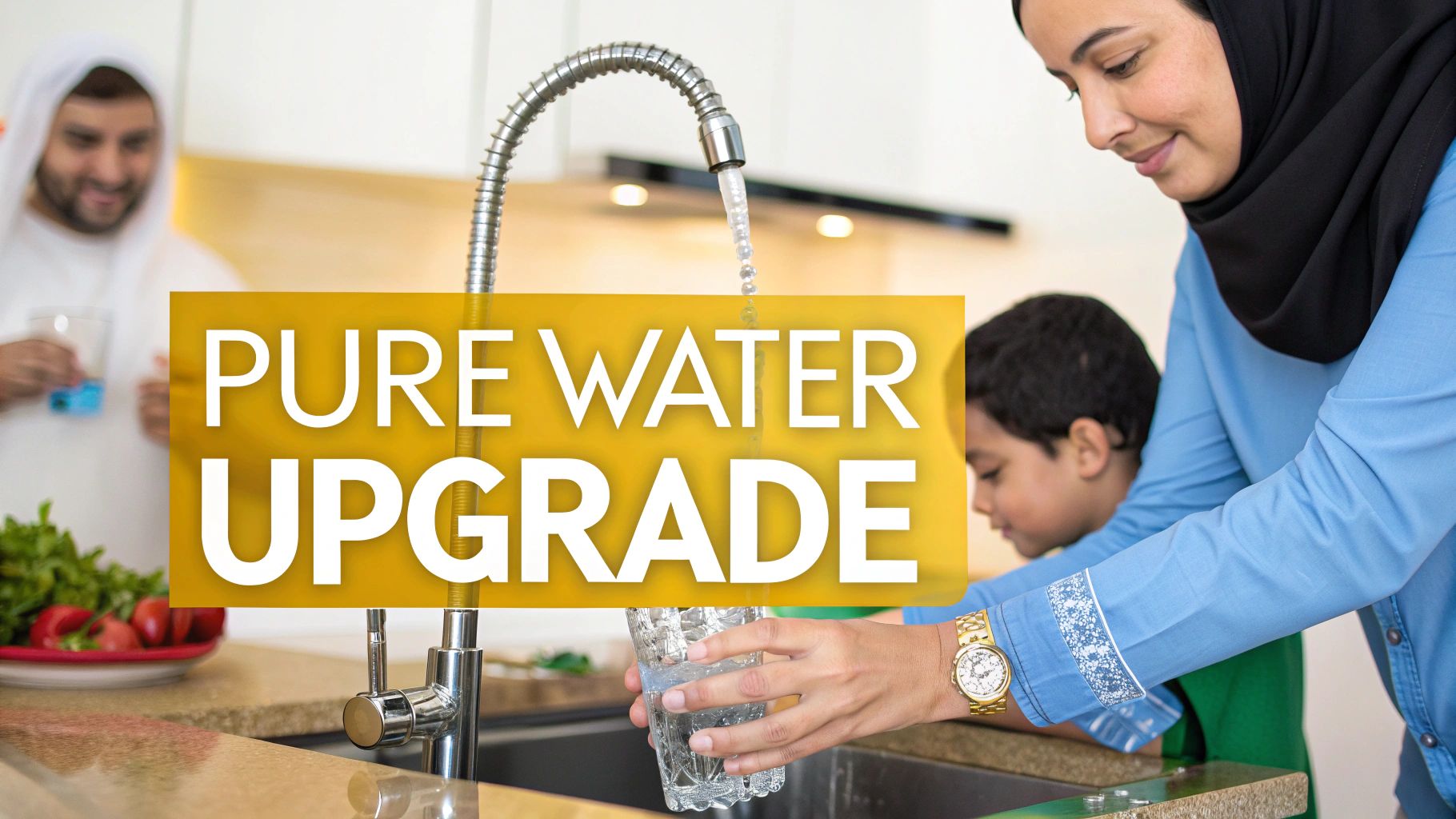 A family enjoying clean, purified water in their kitchen.