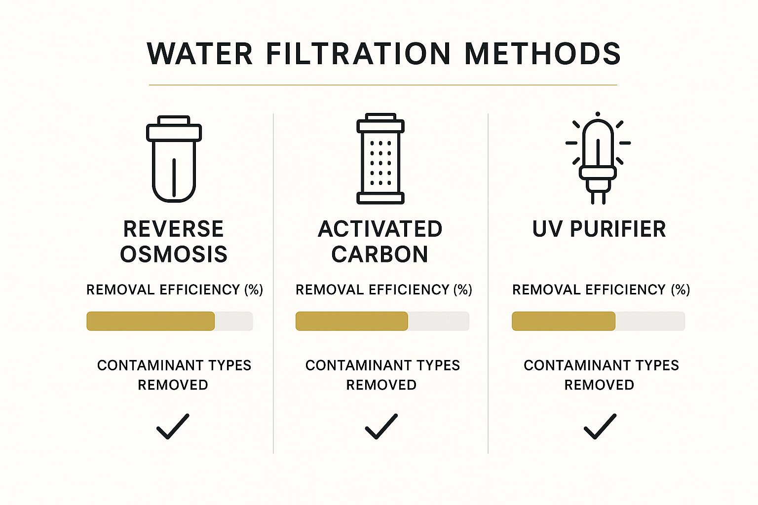 Infographic comparing Reverse Osmosis, Activated Carbon, and UV Purifier technologies based on removal efficiency and contaminant types.