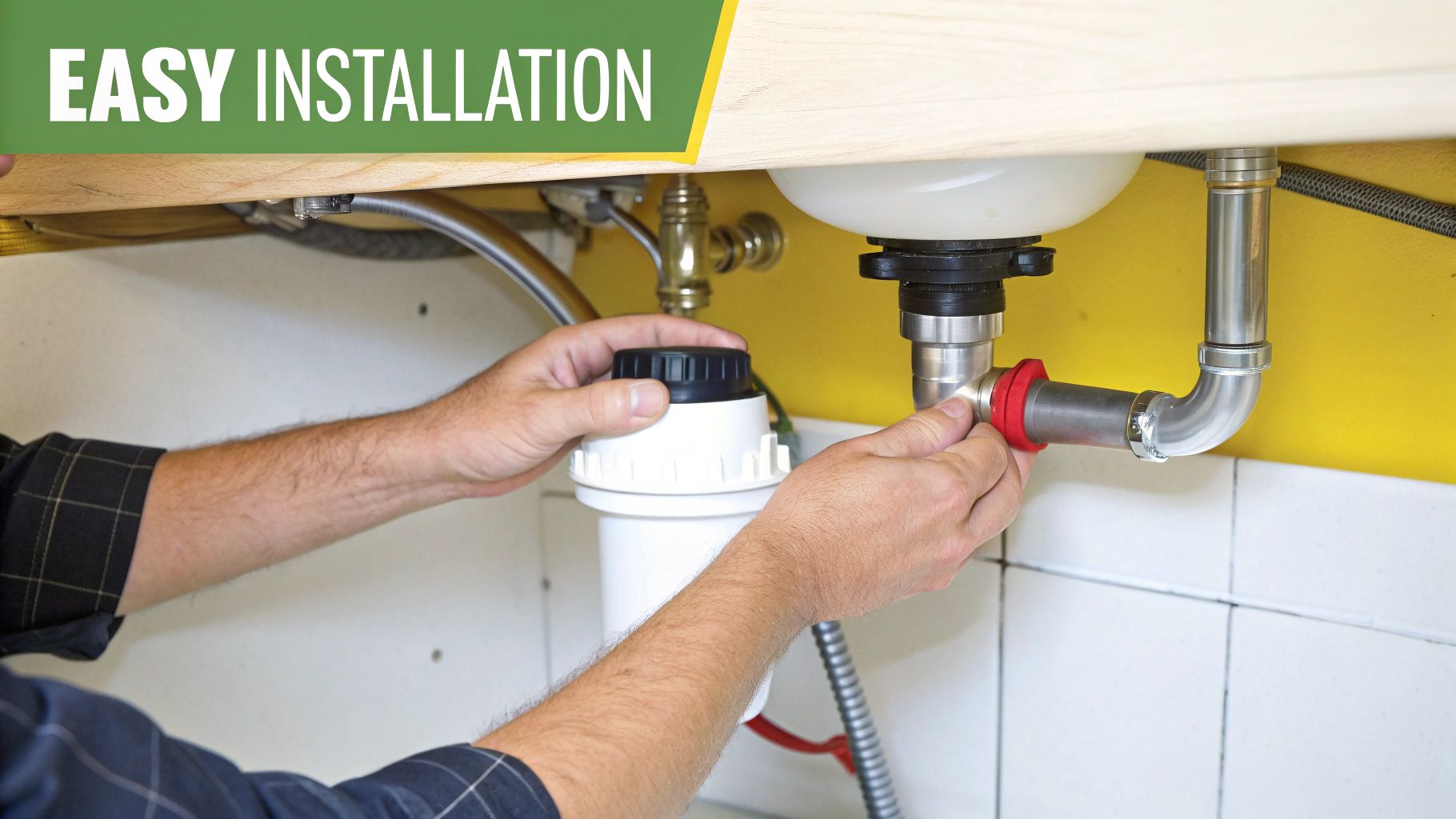 A person pointing to a diagram showing different types of home water filters.