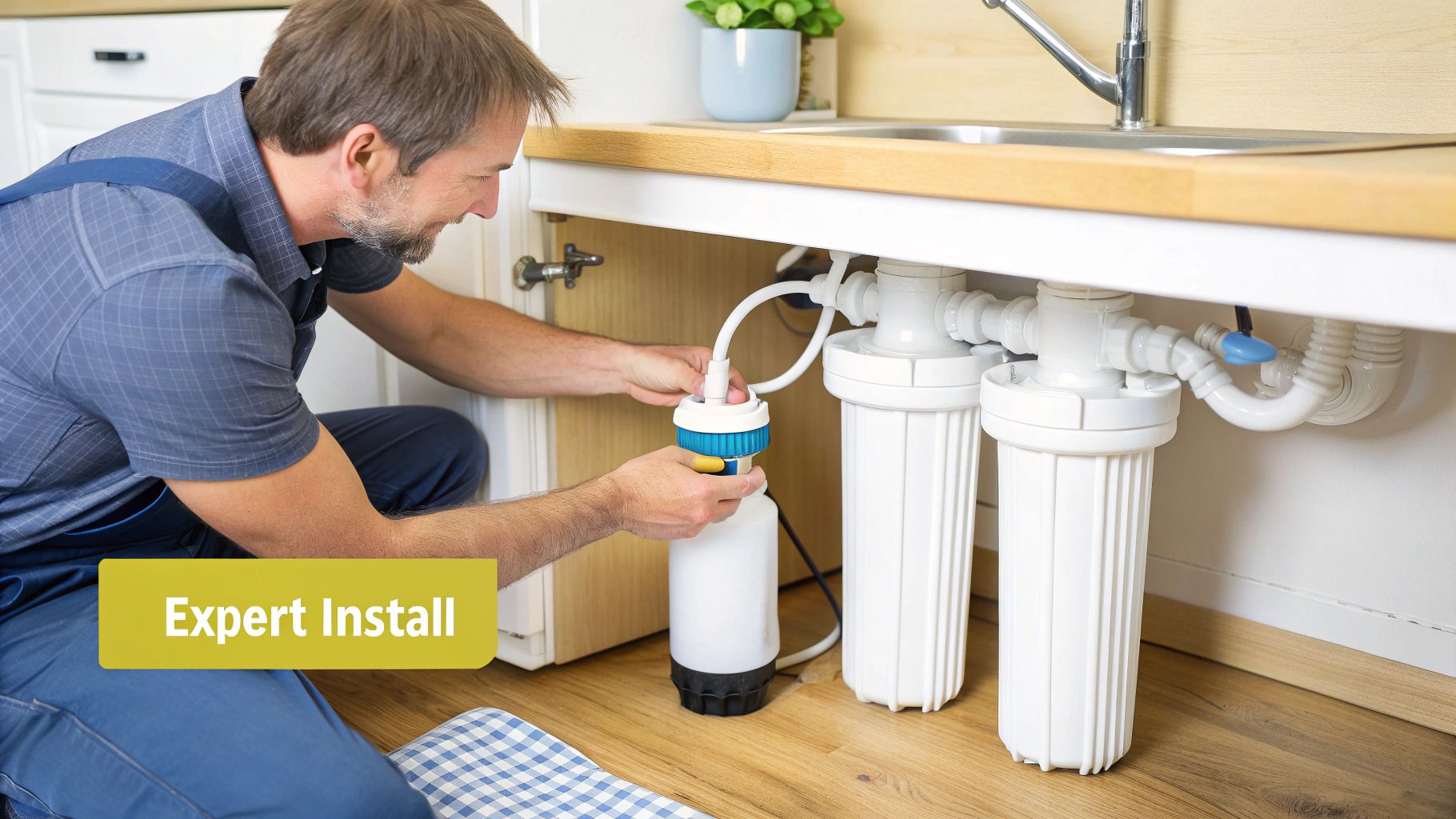 A professional technician servicing a home water filtration system.