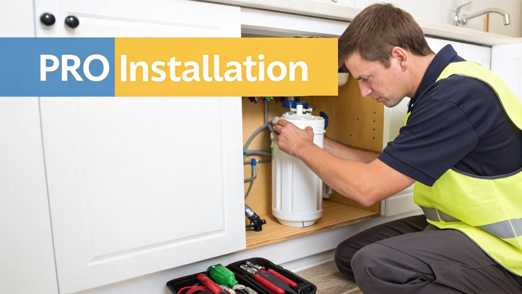 A technician professionally installing a reverse osmosis system under a kitchen sink.
