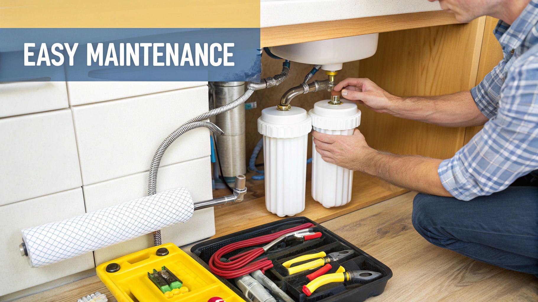 A technician professionally installing a water filtration system under a kitchen sink.