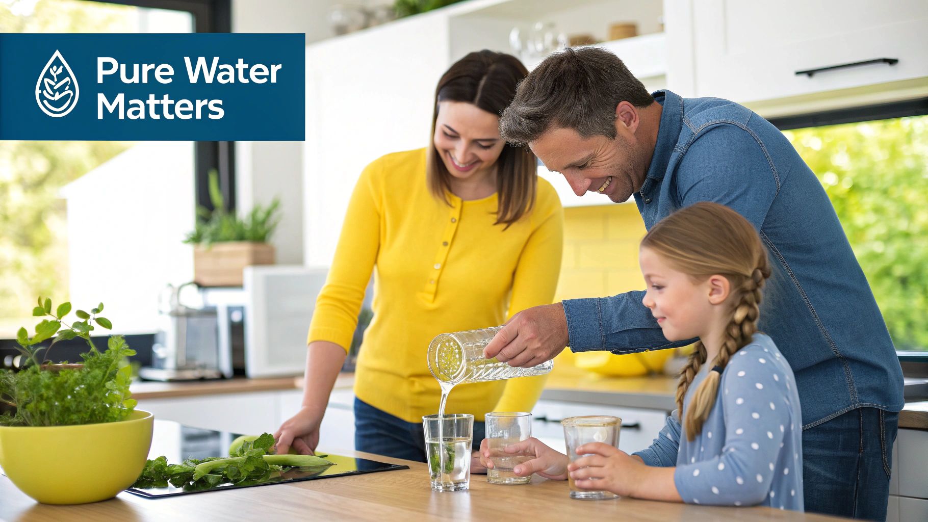 A family enjoying a glass of clean water in their kitchen, highlighting the benefits of home water purification.