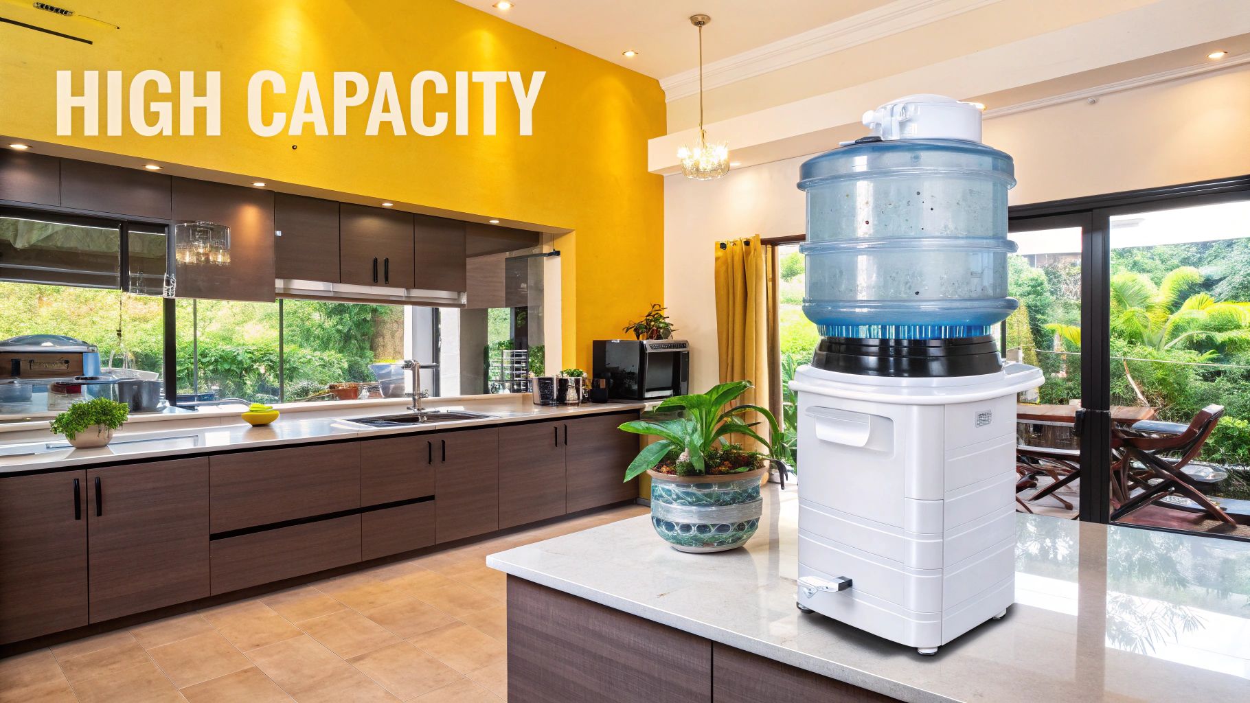 A family in a modern UAE villa kitchen happily drinking water from a glass, with a sleek, installed water purifier visible in the background.